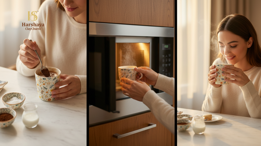 BloomAura Stoneware Coffee Mug Set microwave safe floral mugs in modern kitchen use