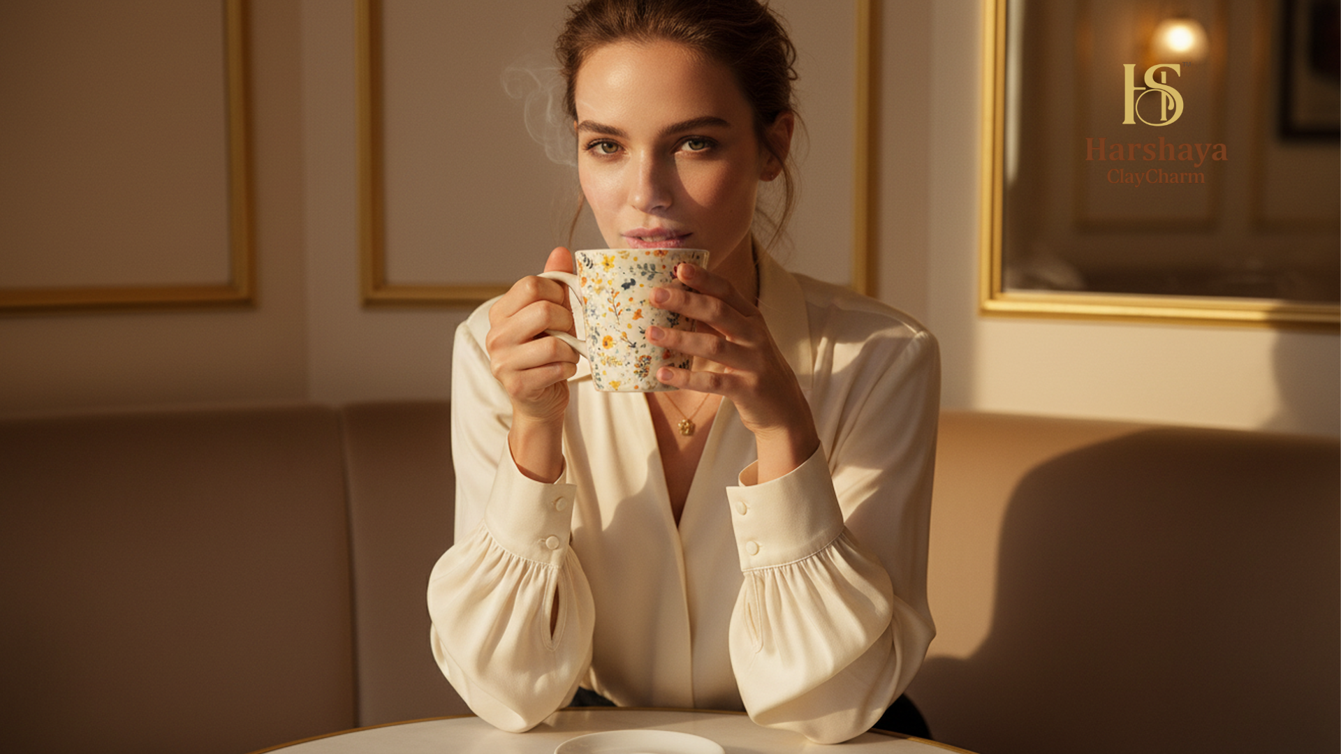 Woman holding BloomAura Stoneware Coffee Mug Set with floral print in warm luxury interior