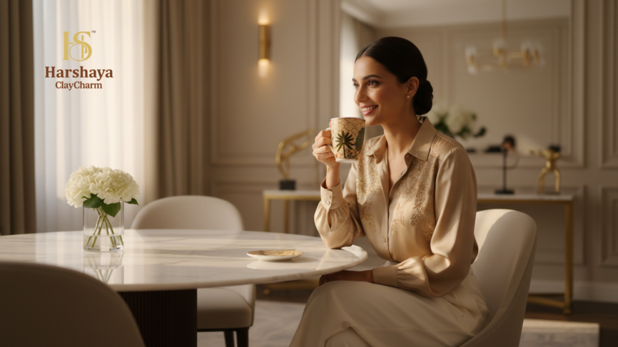 Royal Palm luxury coffee mug set India elegant lifestyle use premium porcelain mug in modern luxury home setting