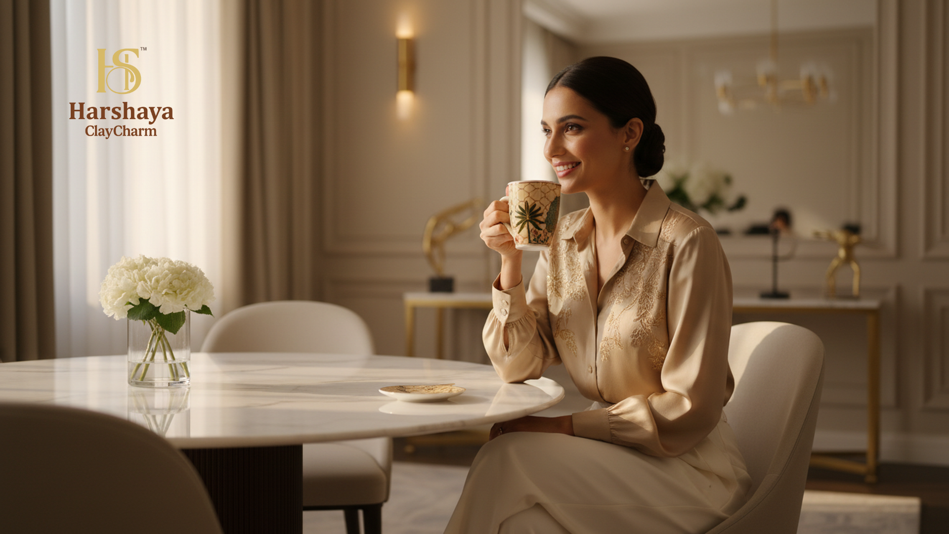 Royal Palm luxury coffee mug set India elegant lifestyle use premium porcelain mug in modern luxury home setting