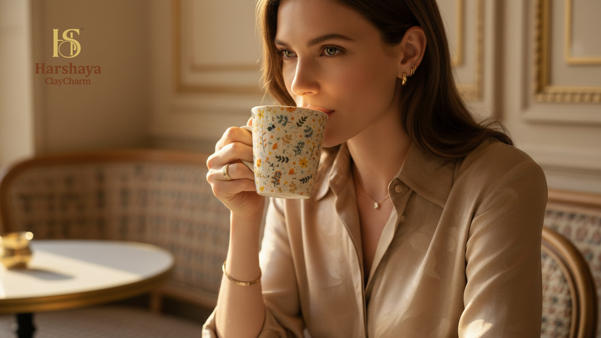 Woman enjoying BloomAura Stoneware Coffee Mug Set with floral design in elegant home setting