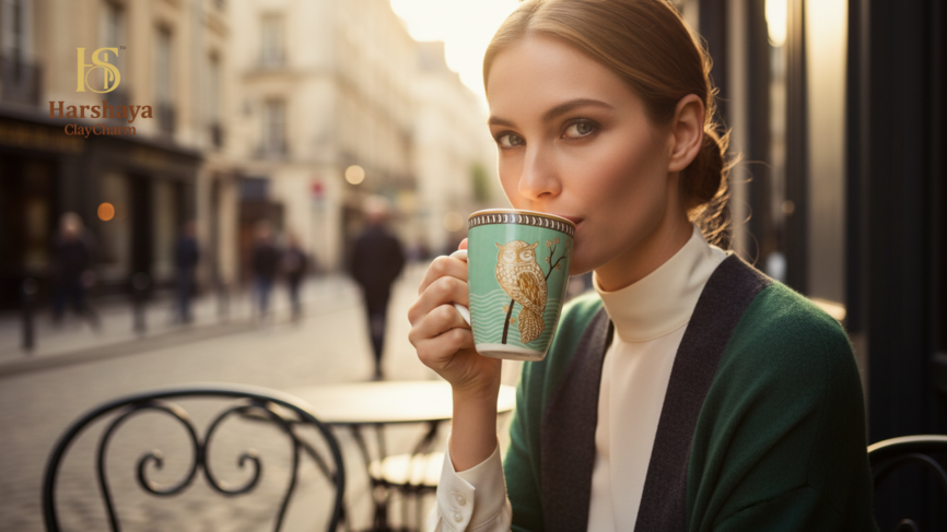 Mystic Owl Coffee Mug Set India elegant owl porcelain mug lifestyle outdoor coffee moment Harshaya ClayCharm