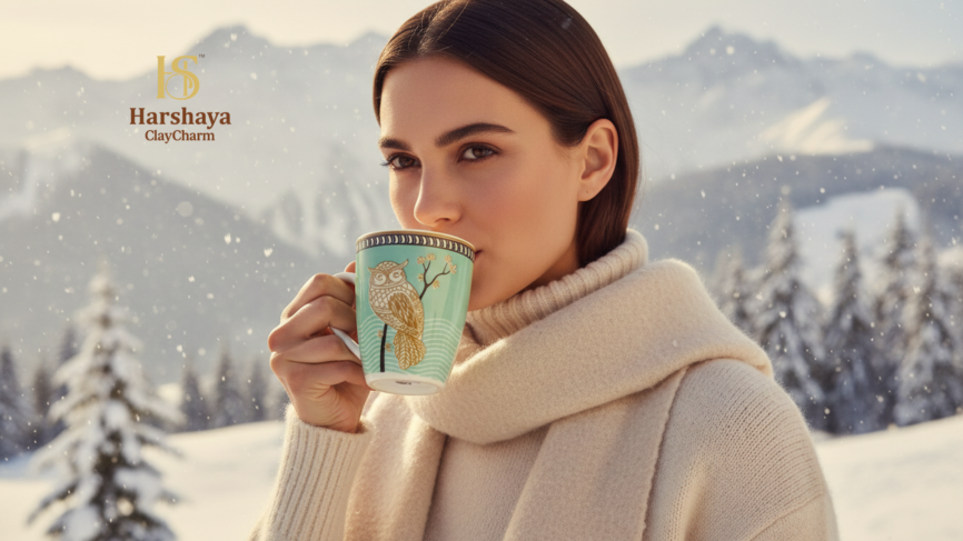 Mystic Owl Coffee Mug Set India fine porcelain mug with gold owl design in mint green held in lifestyle winter setting