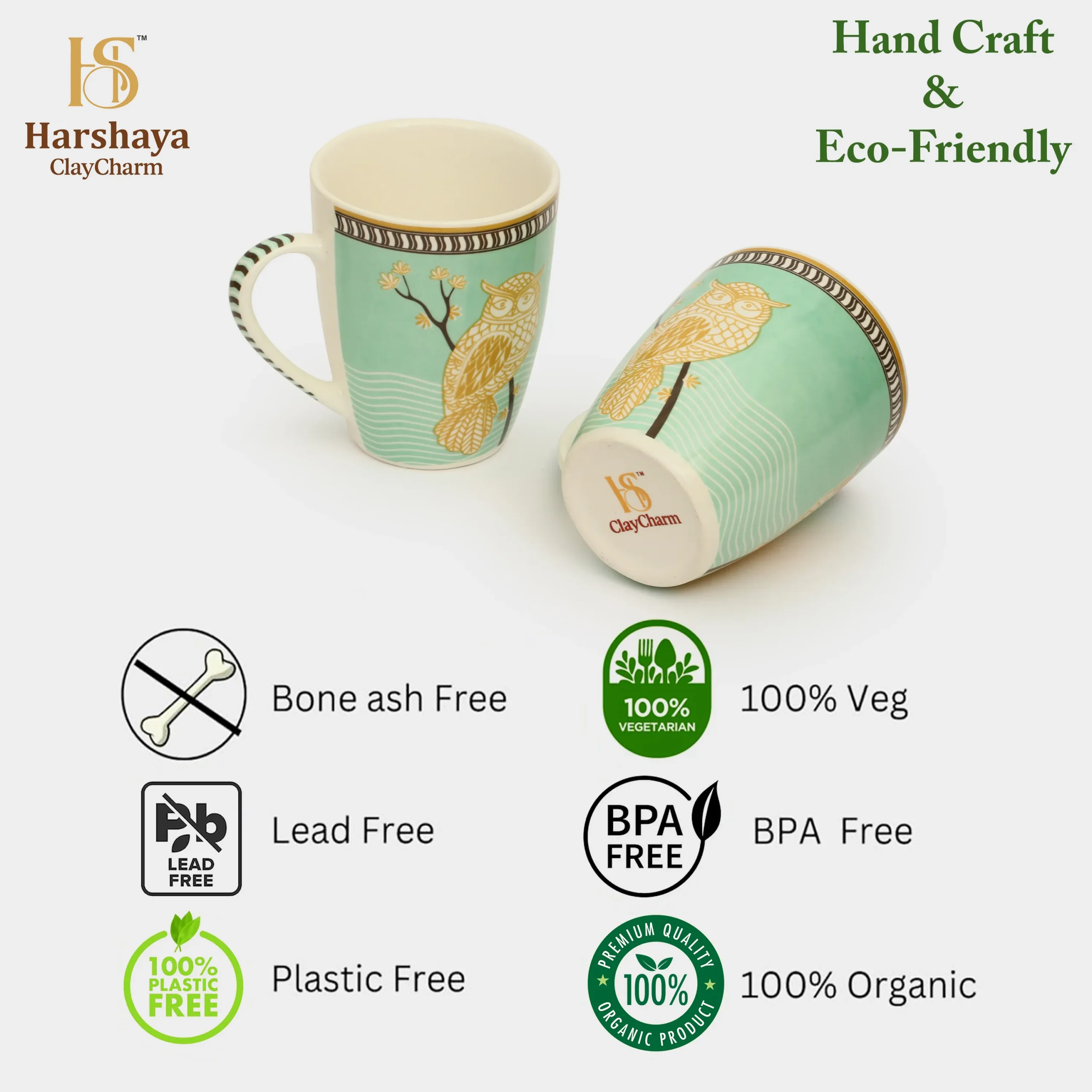 Harshaya ClayCharm “Mystic Owl” Fine Porcelain Coffee Mug Set – Set of 2 (300ML) - Image 15