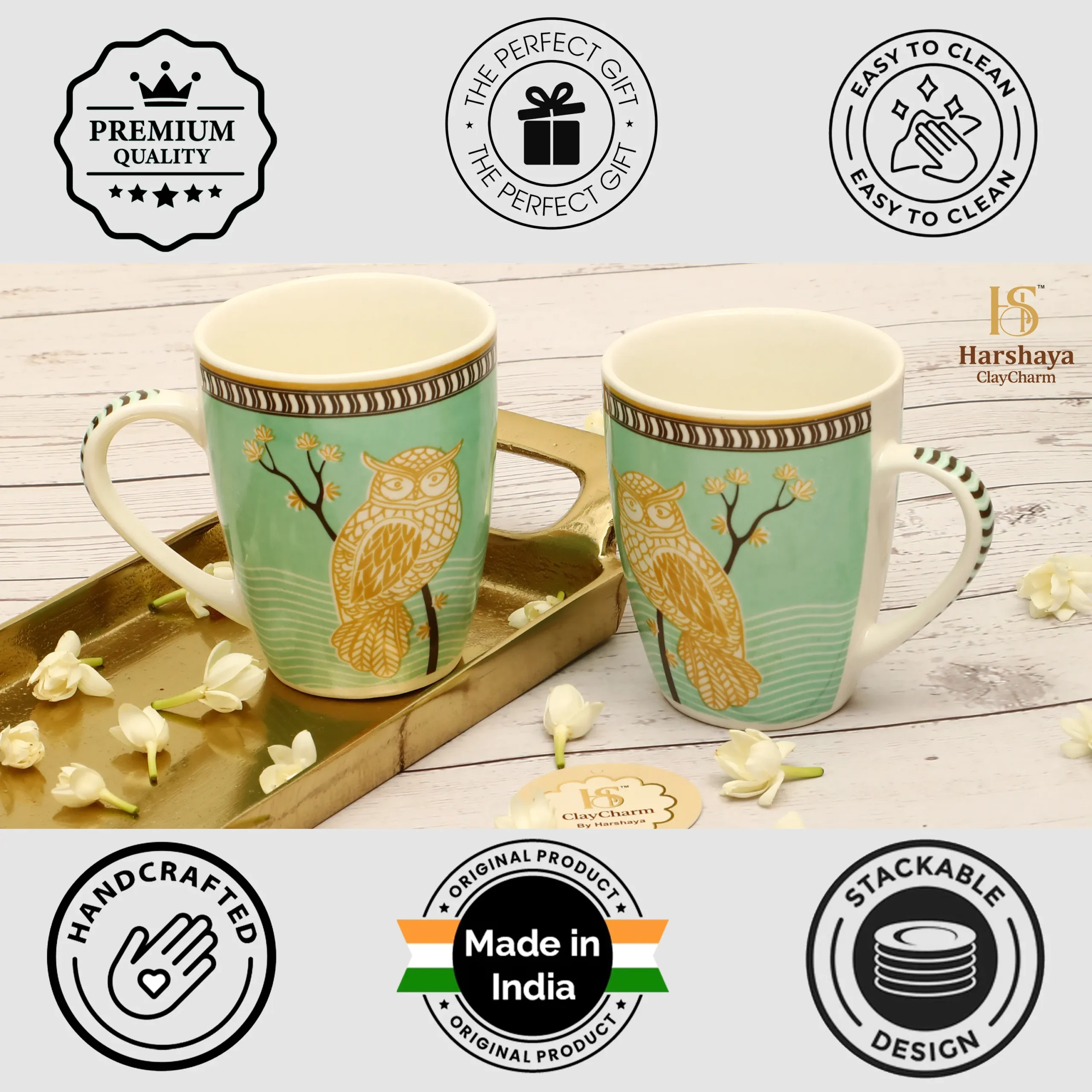 Harshaya ClayCharm “Mystic Owl” Fine Porcelain Coffee Mug Set – Set of 2 (300ML) - Image 13