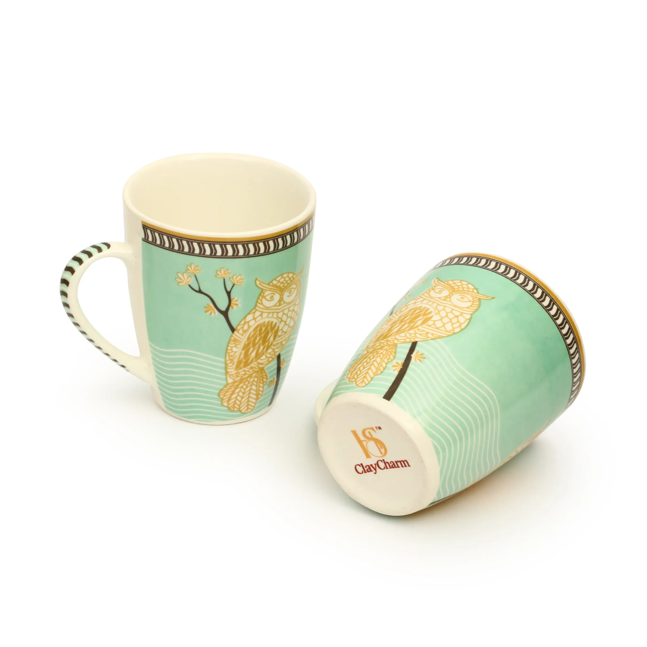 Harshaya ClayCharm “Mystic Owl” Fine Porcelain Coffee Mug Set – Set of 2 (300ML)