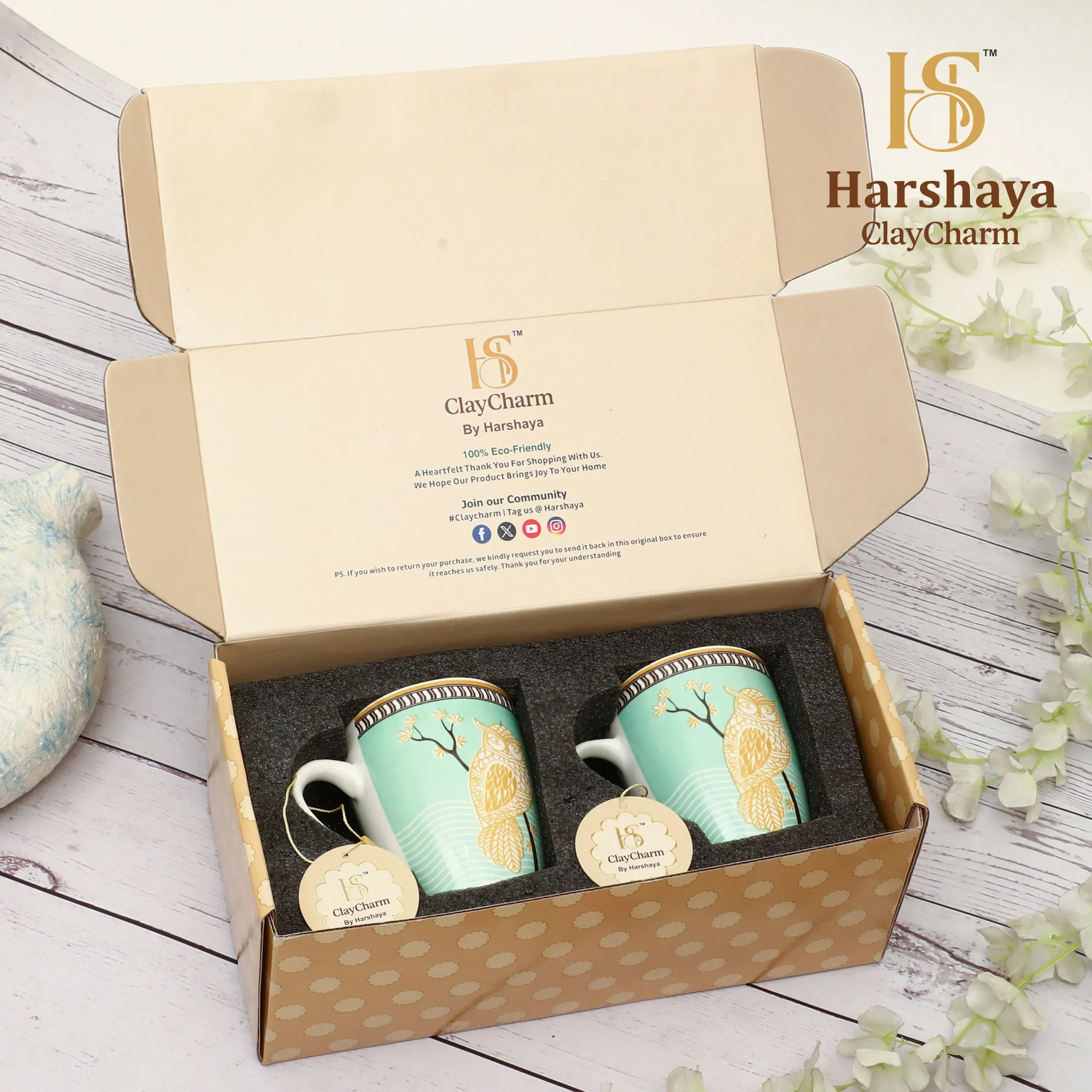 Harshaya ClayCharm “Mystic Owl” Fine Porcelain Coffee Mug Set – Set of 2 (300ML) - Image 4