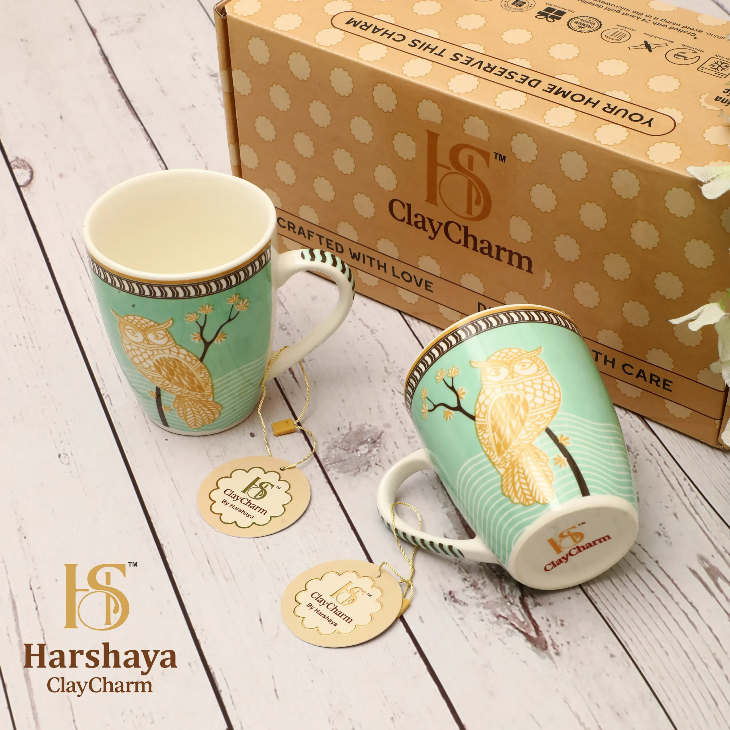 Harshaya ClayCharm “Mystic Owl” Fine Porcelain Coffee Mug Set – Set of 2 (300ML) - Image 5