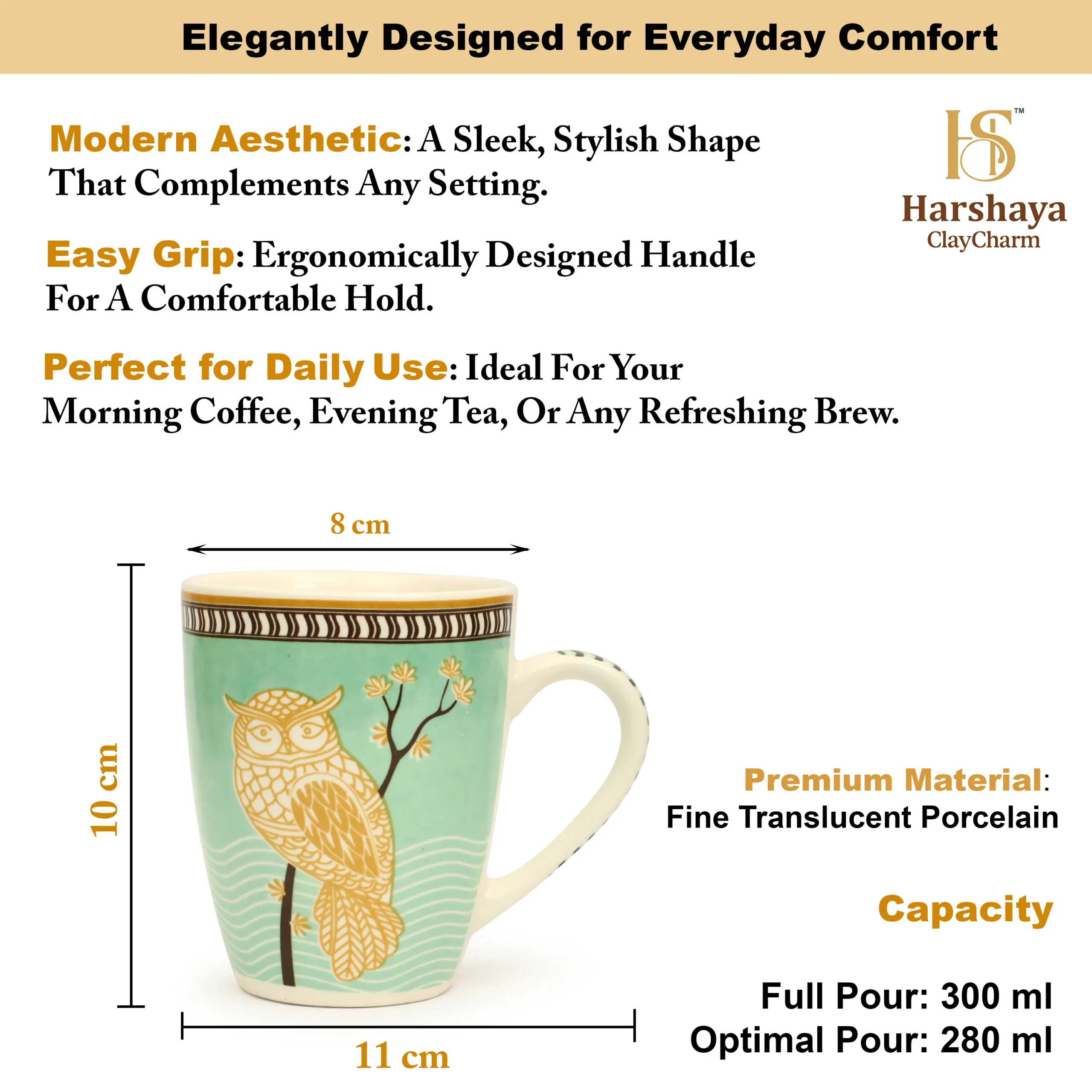 Harshaya ClayCharm “Mystic Owl” Fine Porcelain Coffee Mug Set – Set of 2 (300ML) - Image 11
