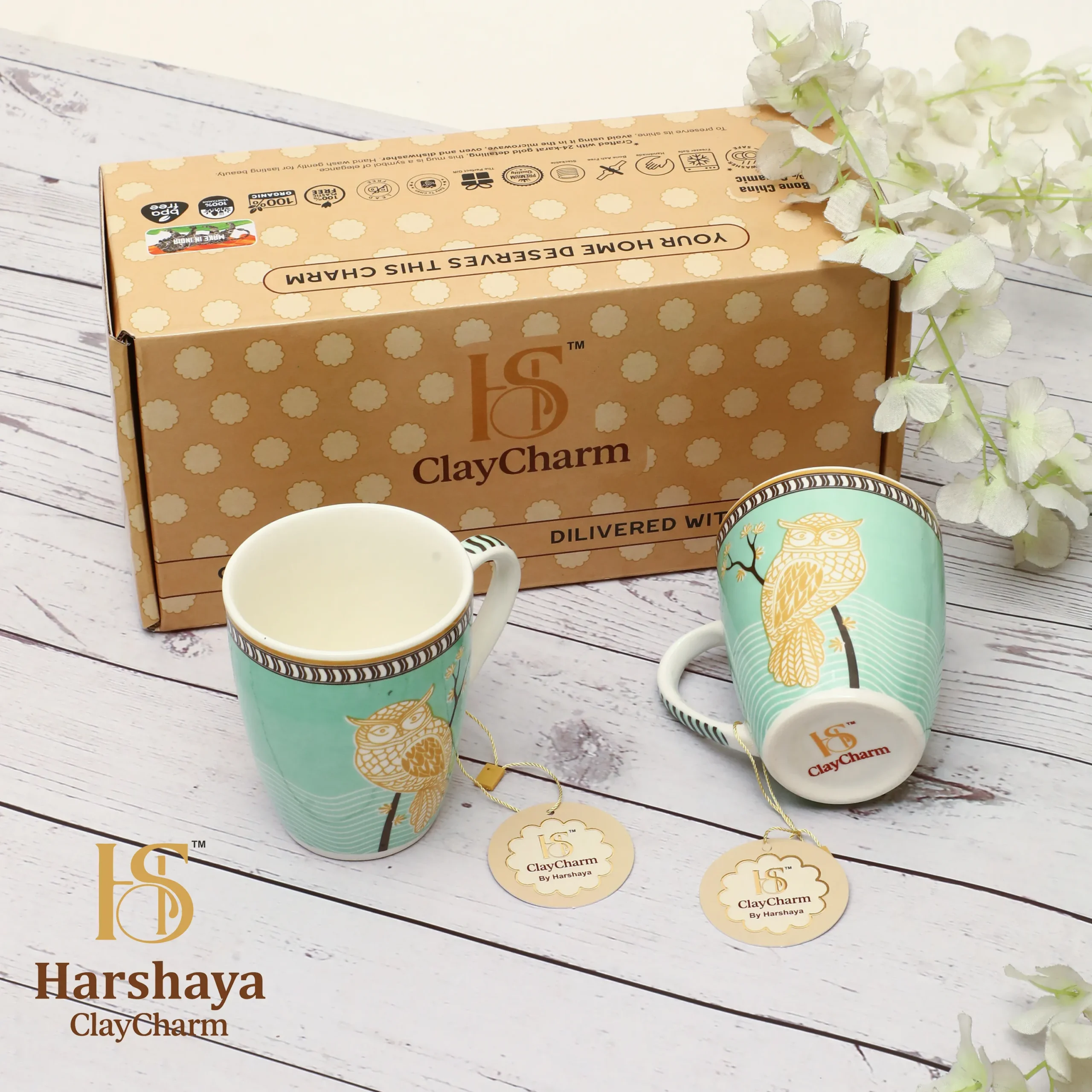 Harshaya ClayCharm “Mystic Owl” Fine Porcelain Coffee Mug Set – Set of 2 (300ML) - Image 3