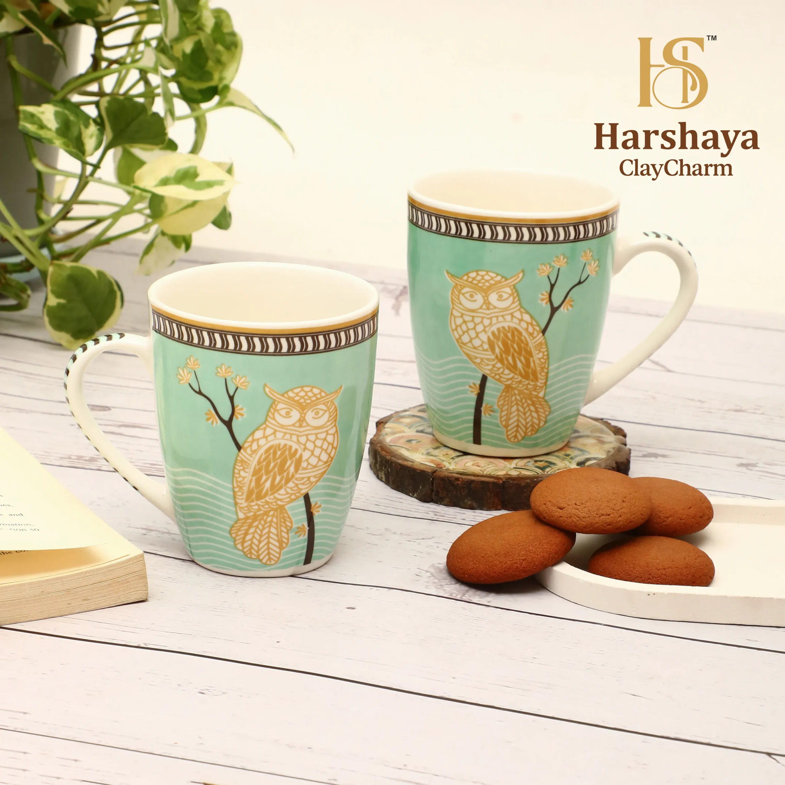 Harshaya ClayCharm “Mystic Owl” Fine Porcelain Coffee Mug Set – Set of 2 (300ML) - Image 10