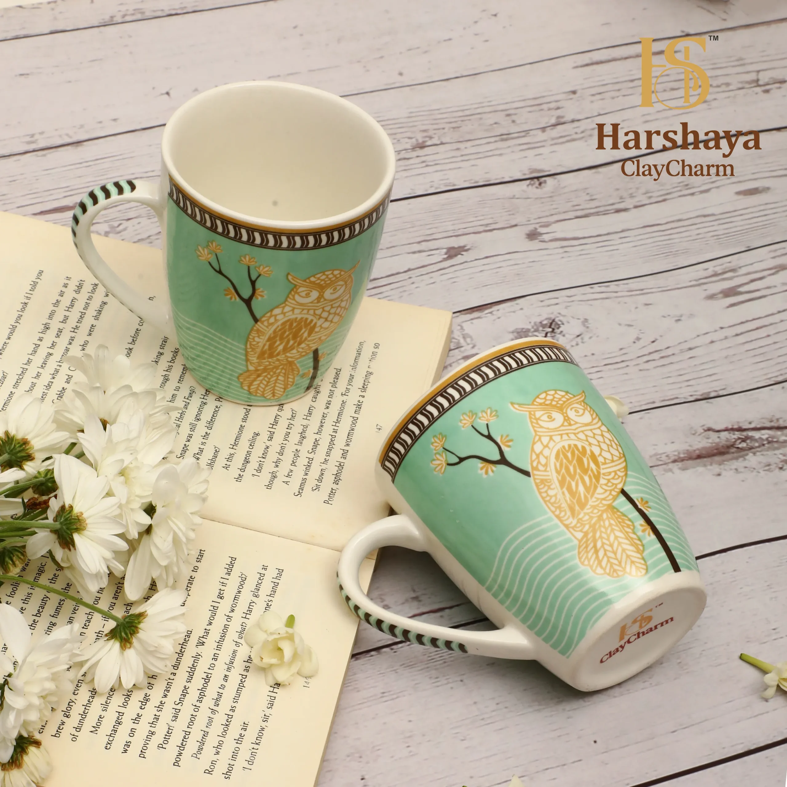 Harshaya ClayCharm “Mystic Owl” Fine Porcelain Coffee Mug Set – Set of 2 (300ML) - Image 7