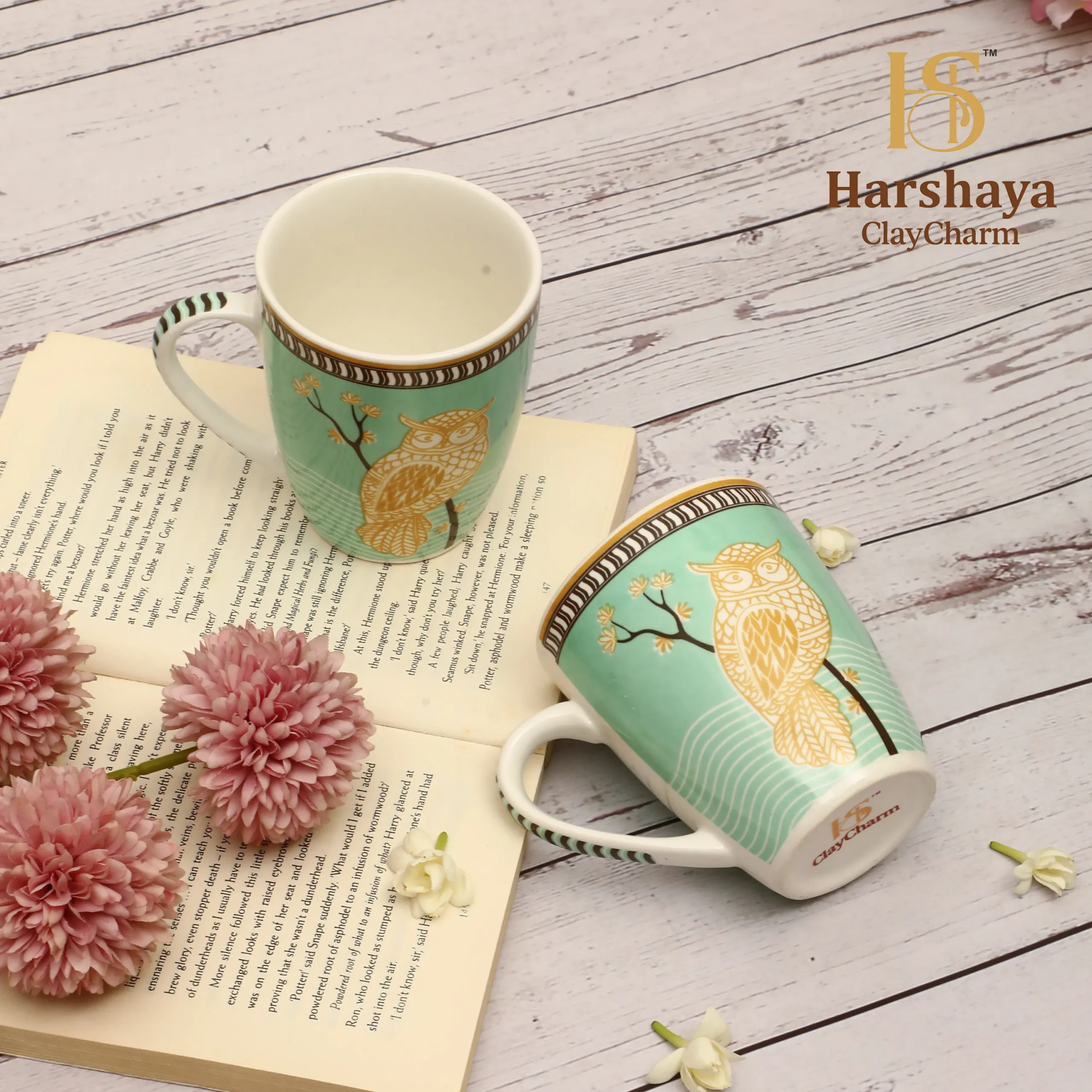 Harshaya ClayCharm “Mystic Owl” Fine Porcelain Coffee Mug Set – Set of 2 (300ML) - Image 9