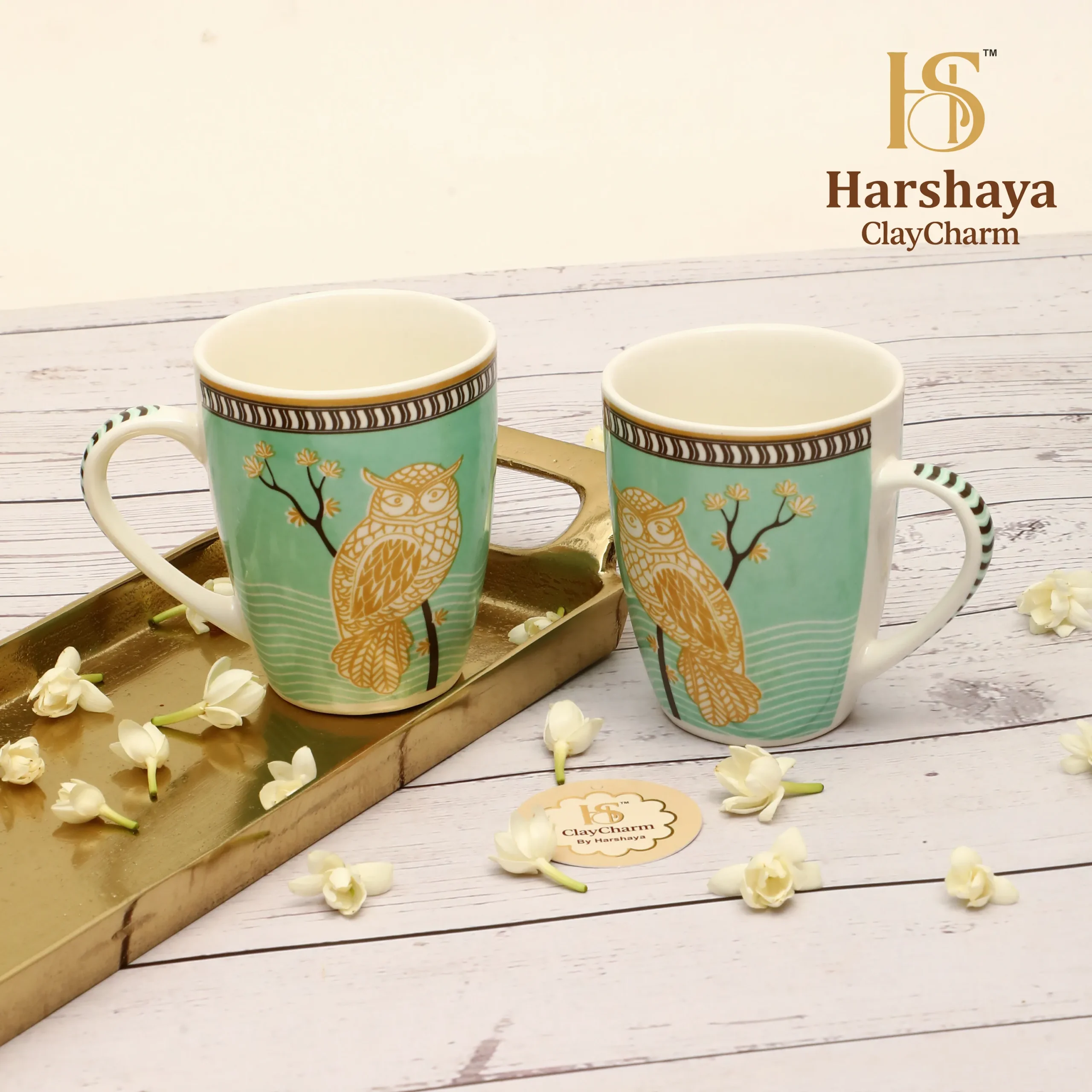 Harshaya ClayCharm “Mystic Owl” Fine Porcelain Coffee Mug Set – Set of 2 (300ML) - Image 8