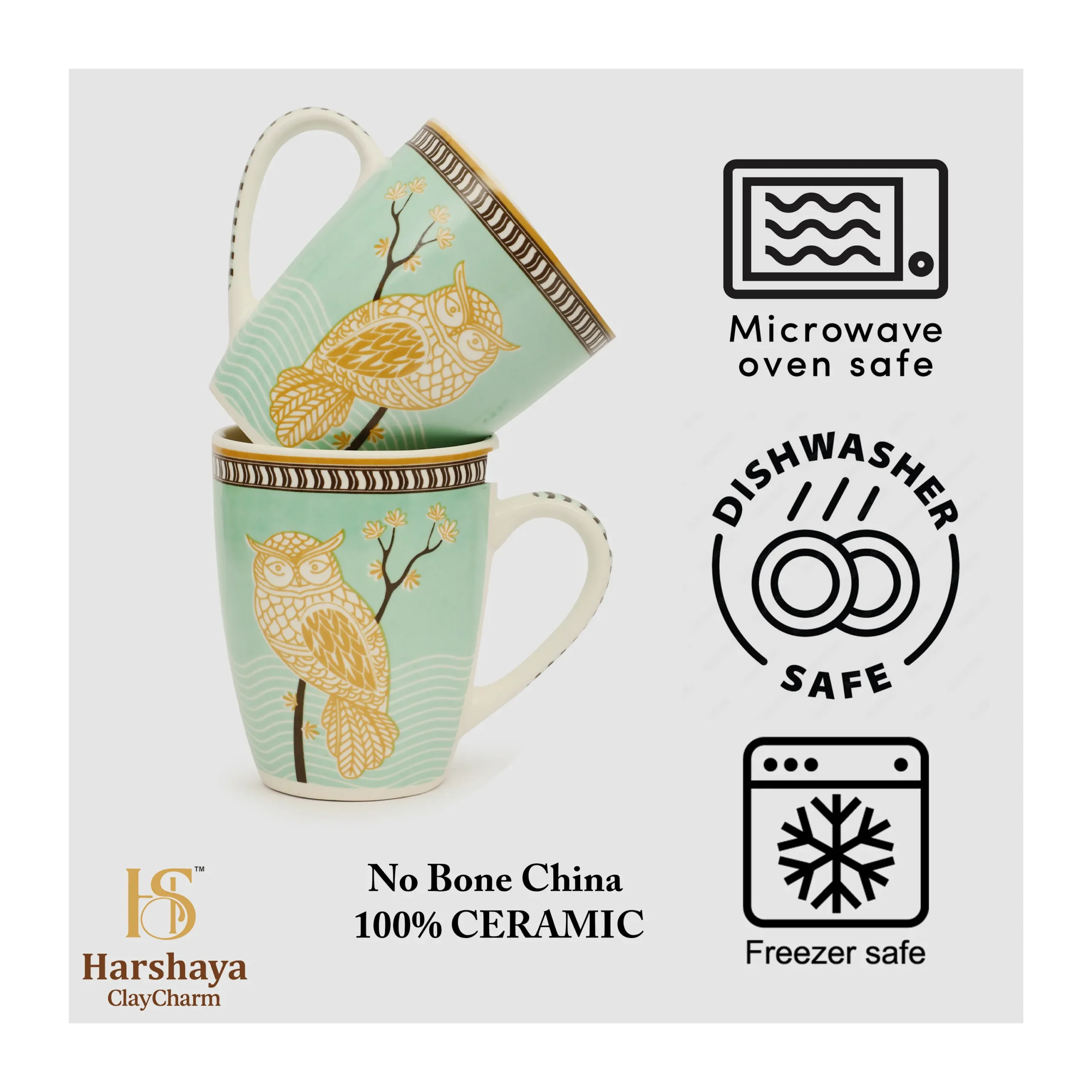 Harshaya ClayCharm “Mystic Owl” Fine Porcelain Coffee Mug Set – Set of 2 (300ML) - Image 12