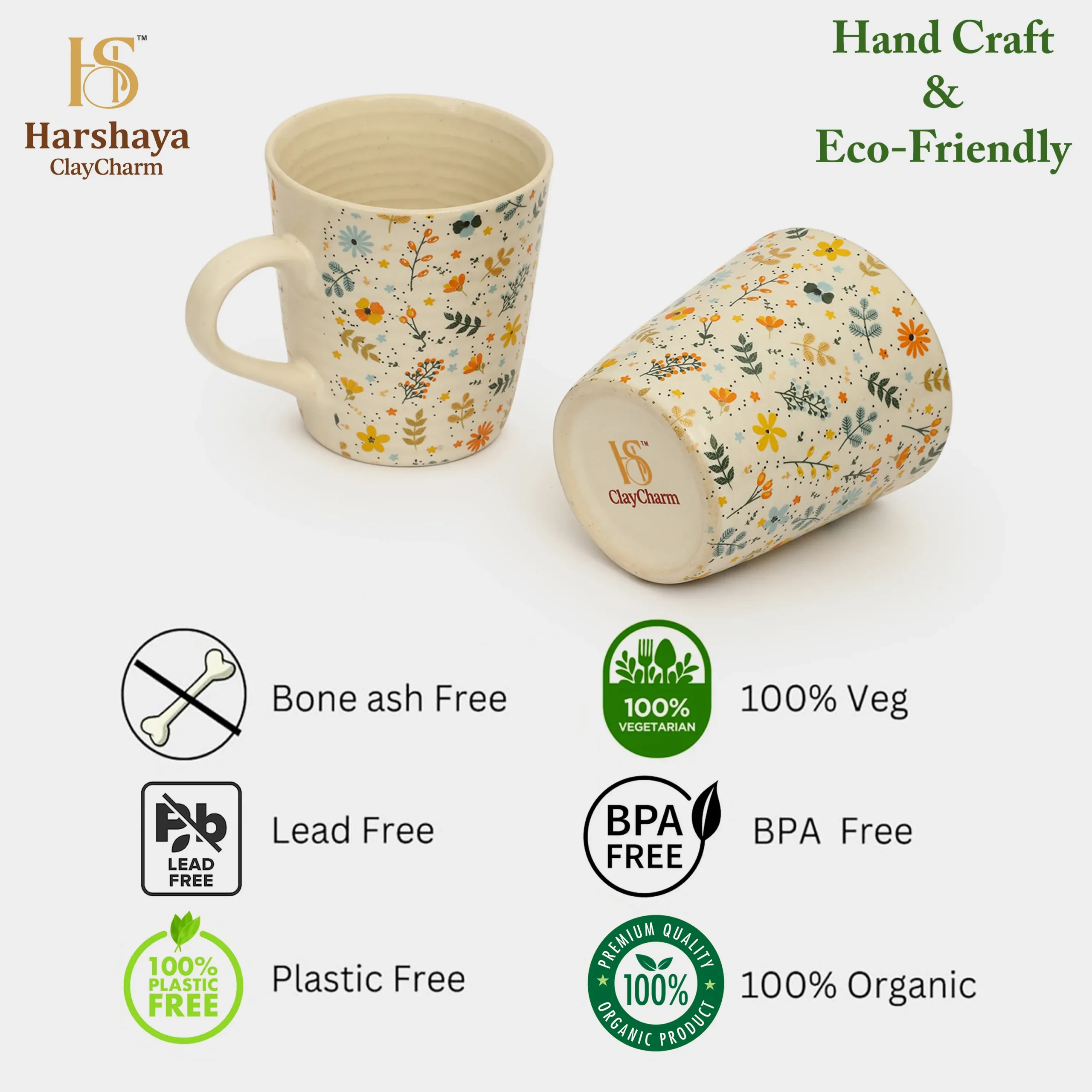 Harshaya ClayCharm “BloomAura” Stoneware Coffee Mug Set – Set of 2 (300ML) - Image 14