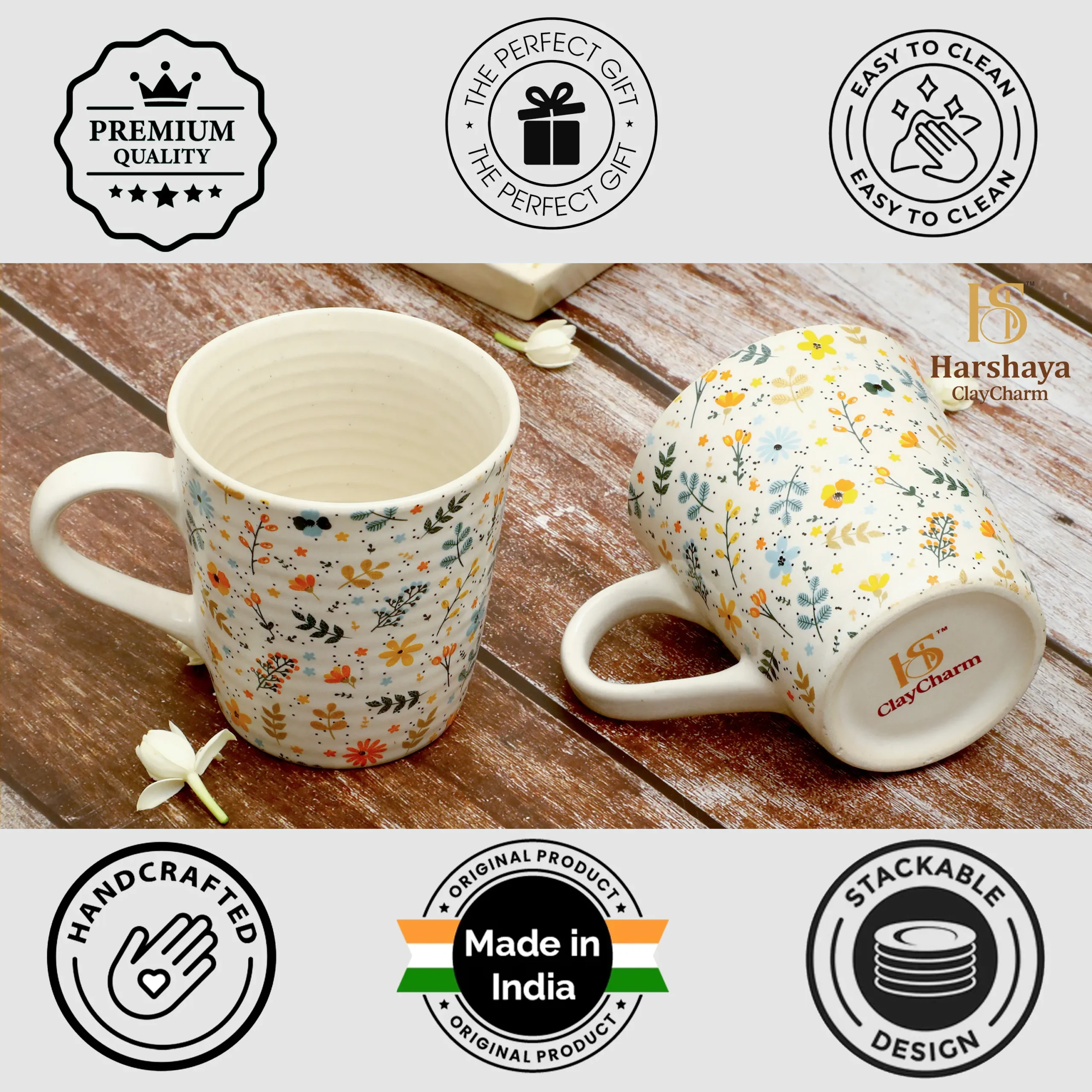 Harshaya ClayCharm “BloomAura” Stoneware Coffee Mug Set – Set of 2 (300ML) - Image 12