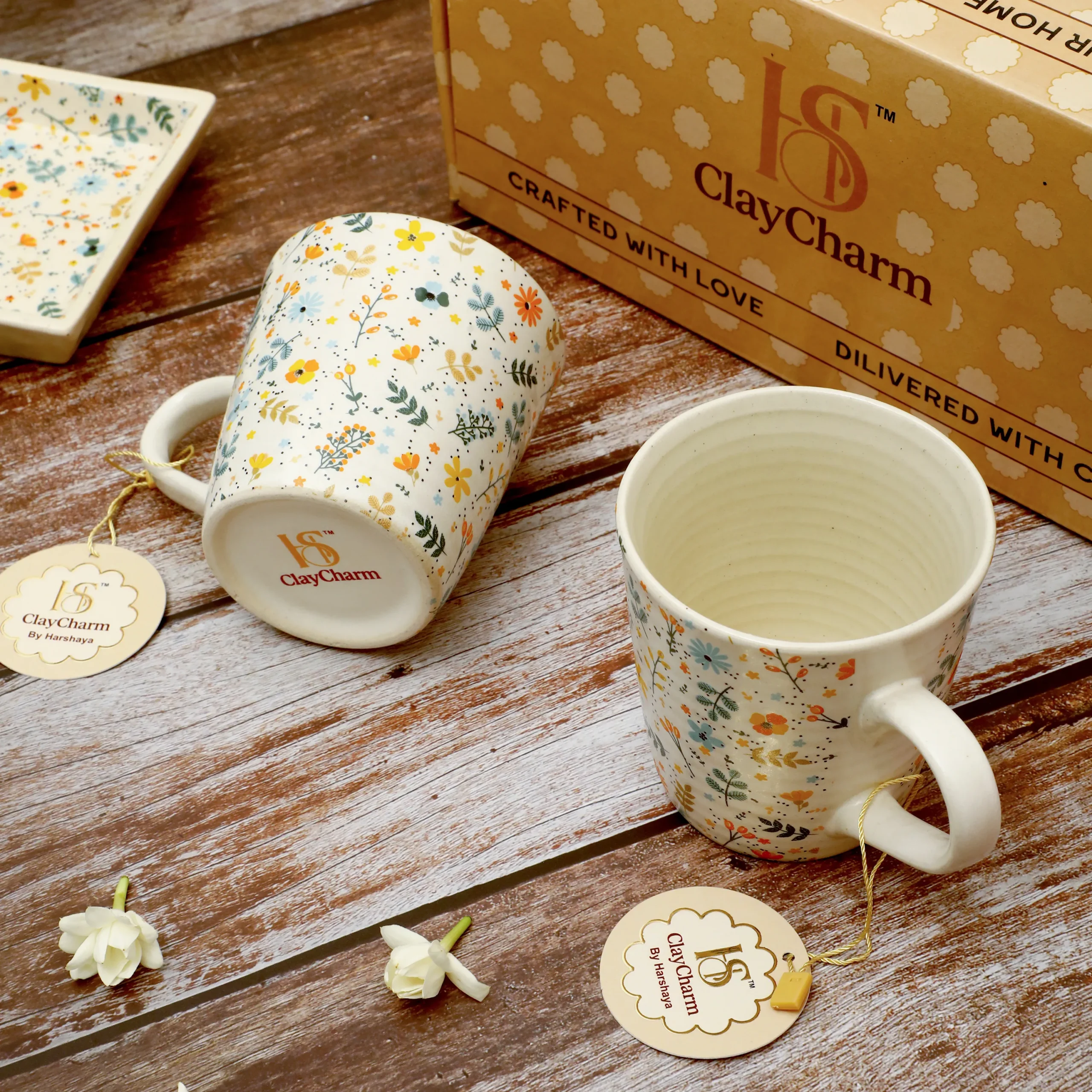 Harshaya ClayCharm “BloomAura” Stoneware Coffee Mug Set – Set of 2 (300ML) - Image 10