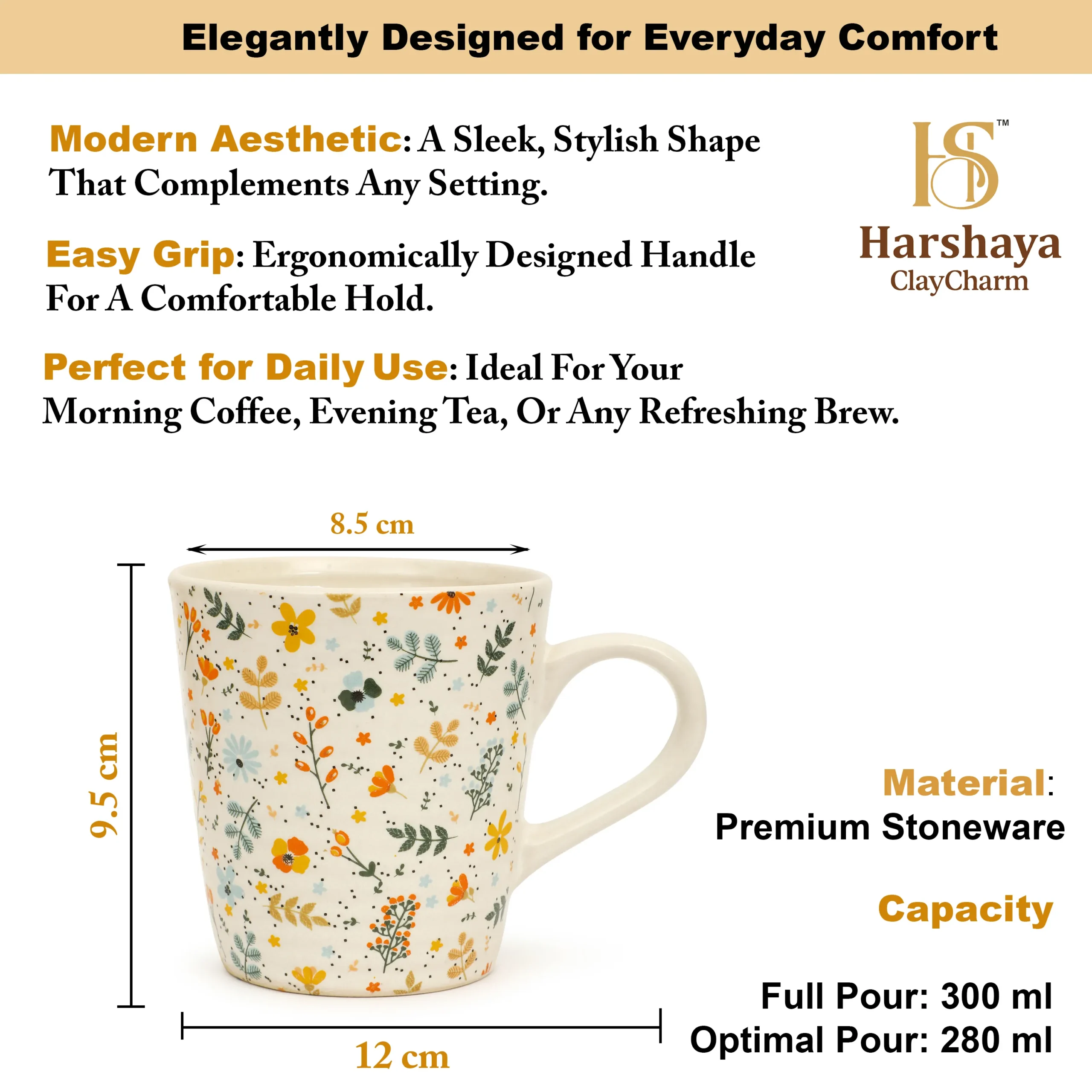 Harshaya ClayCharm “BloomAura” Stoneware Coffee Mug Set – Set of 2 (300ML) - Image 9