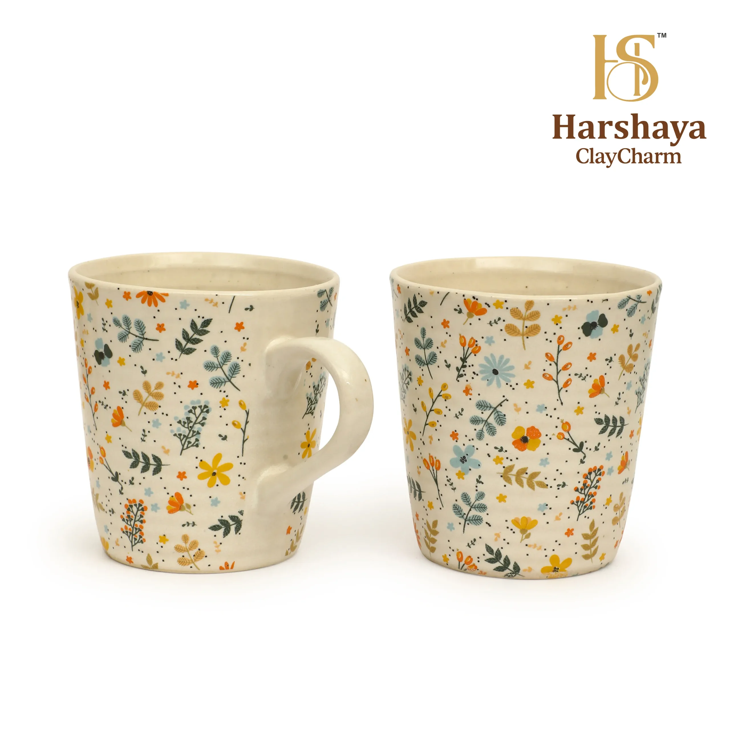 Harshaya ClayCharm “BloomAura” Stoneware Coffee Mug Set – Set of 2 (300ML) - Image 7