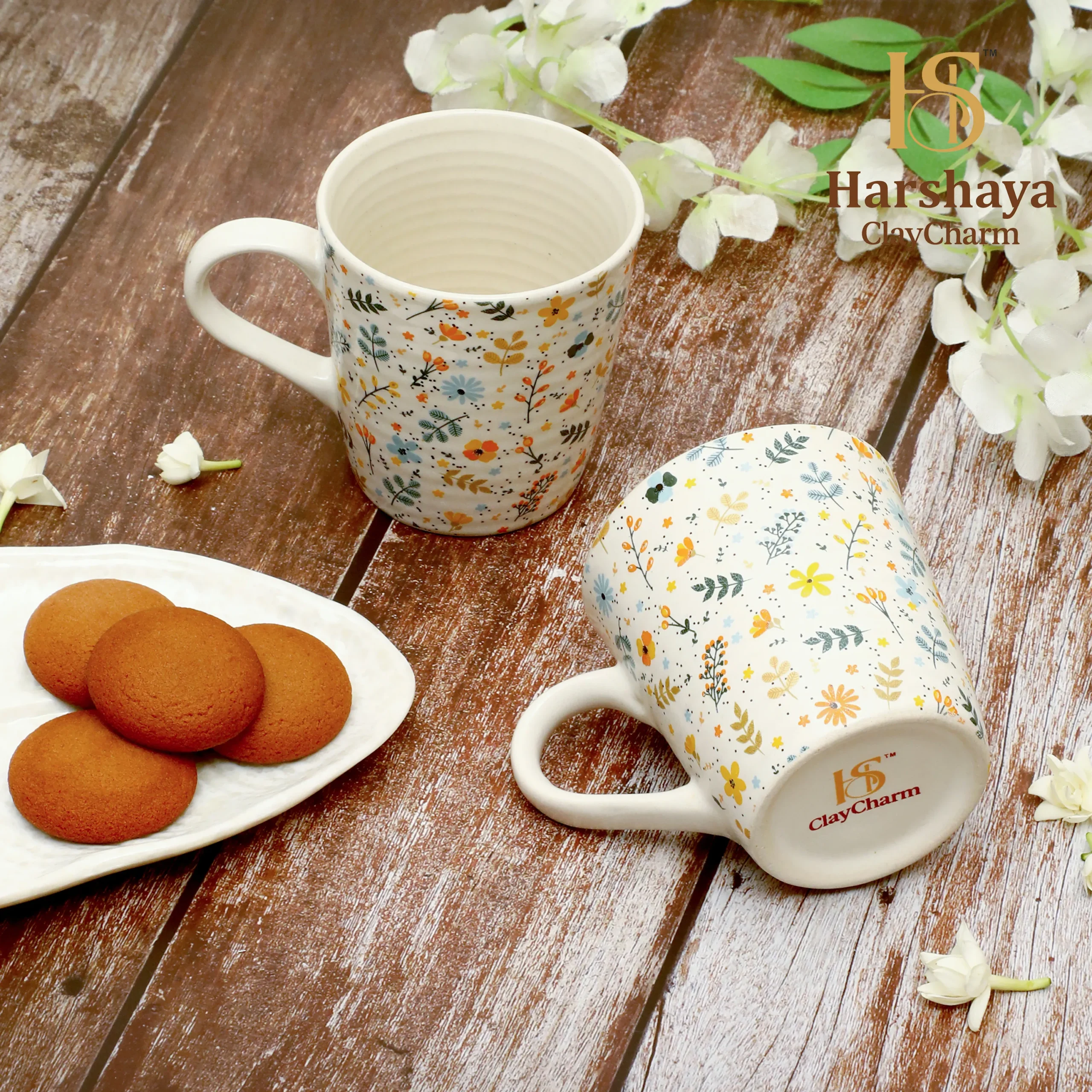 Harshaya ClayCharm “BloomAura” Stoneware Coffee Mug Set – Set of 2 (300ML) - Image 5