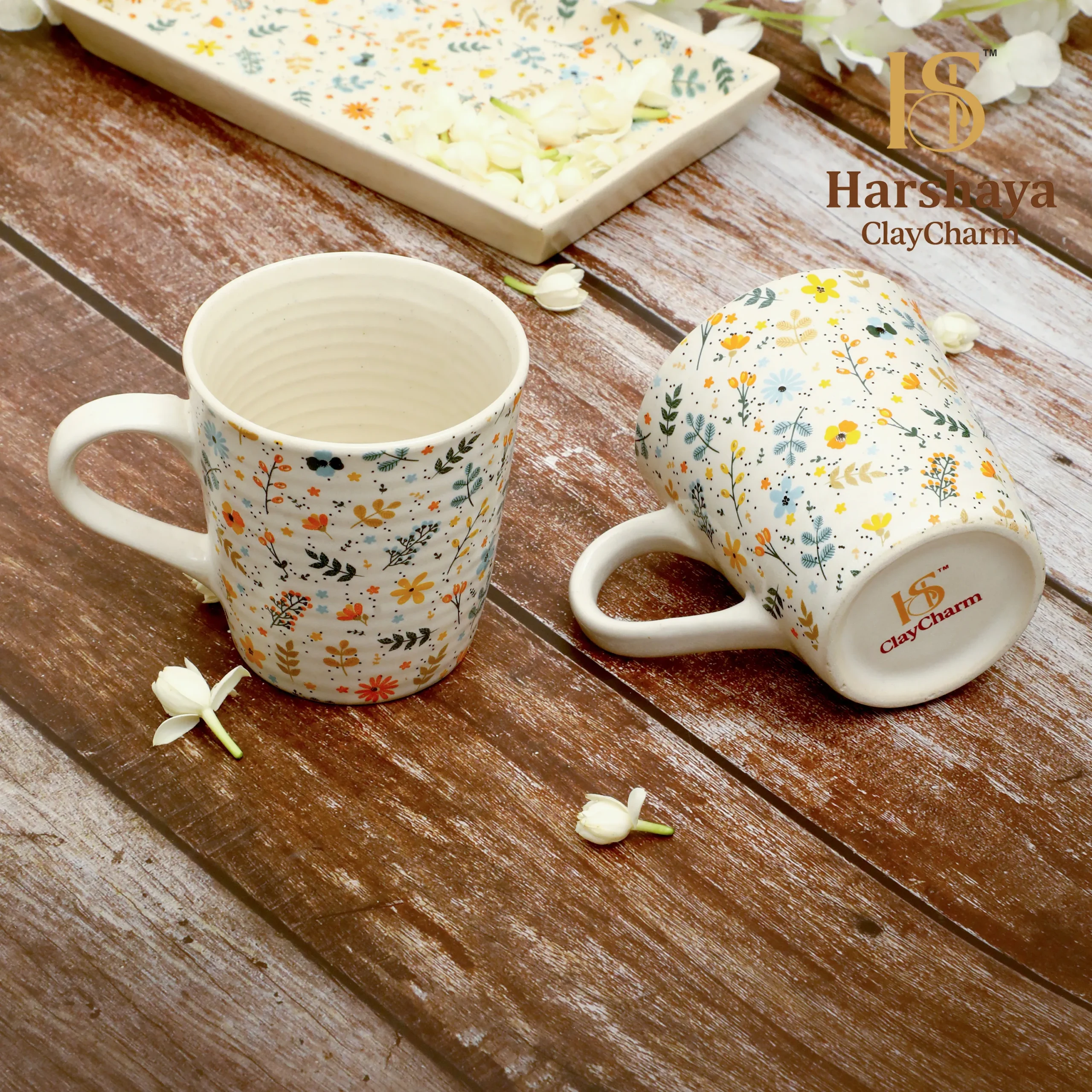 Harshaya ClayCharm “BloomAura” Stoneware Coffee Mug Set – Set of 2 (300ML) - Image 4