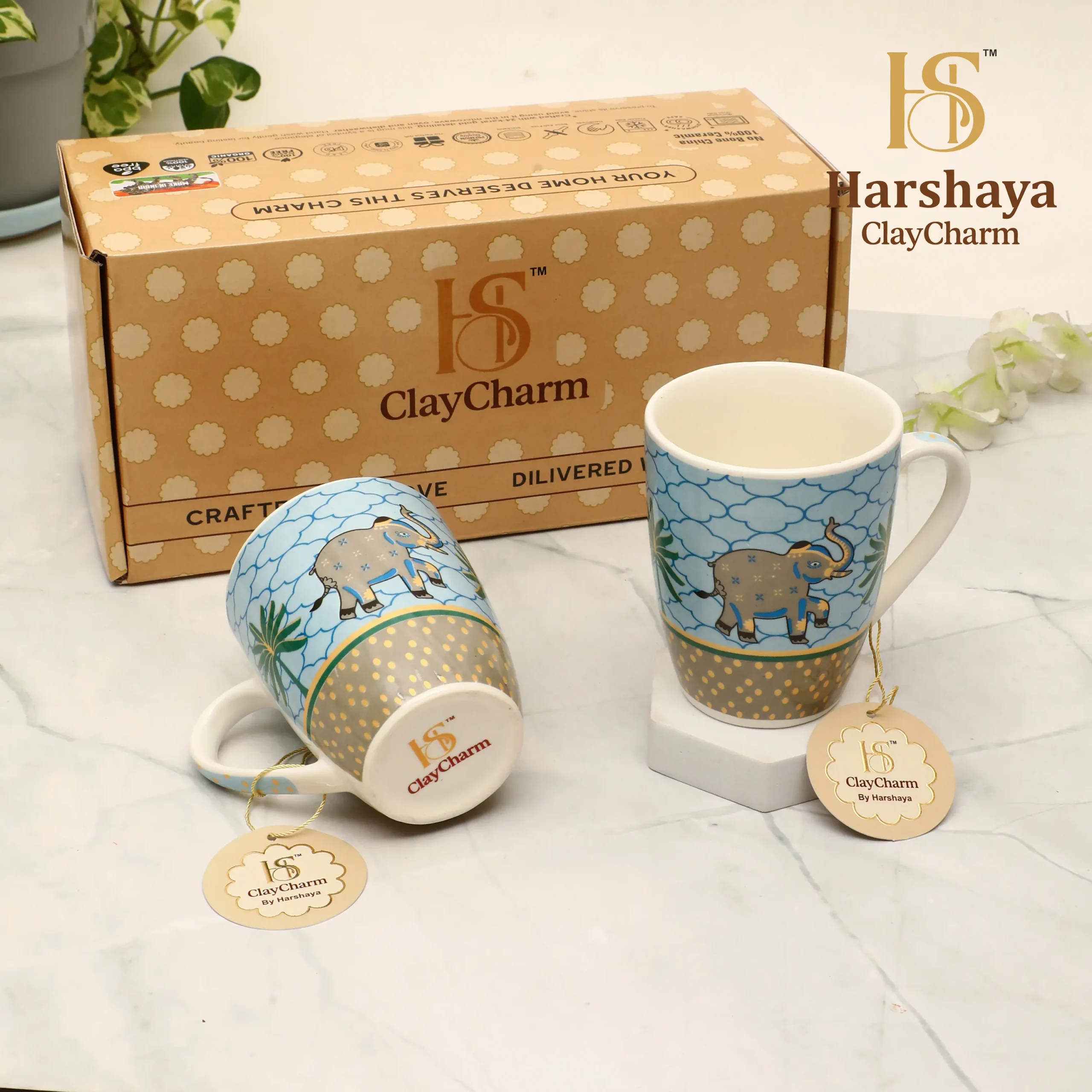 Harshaya ClayCharm “Golden Safari” Coffee Mug Set – Set of 2 (300ML) - Image 6