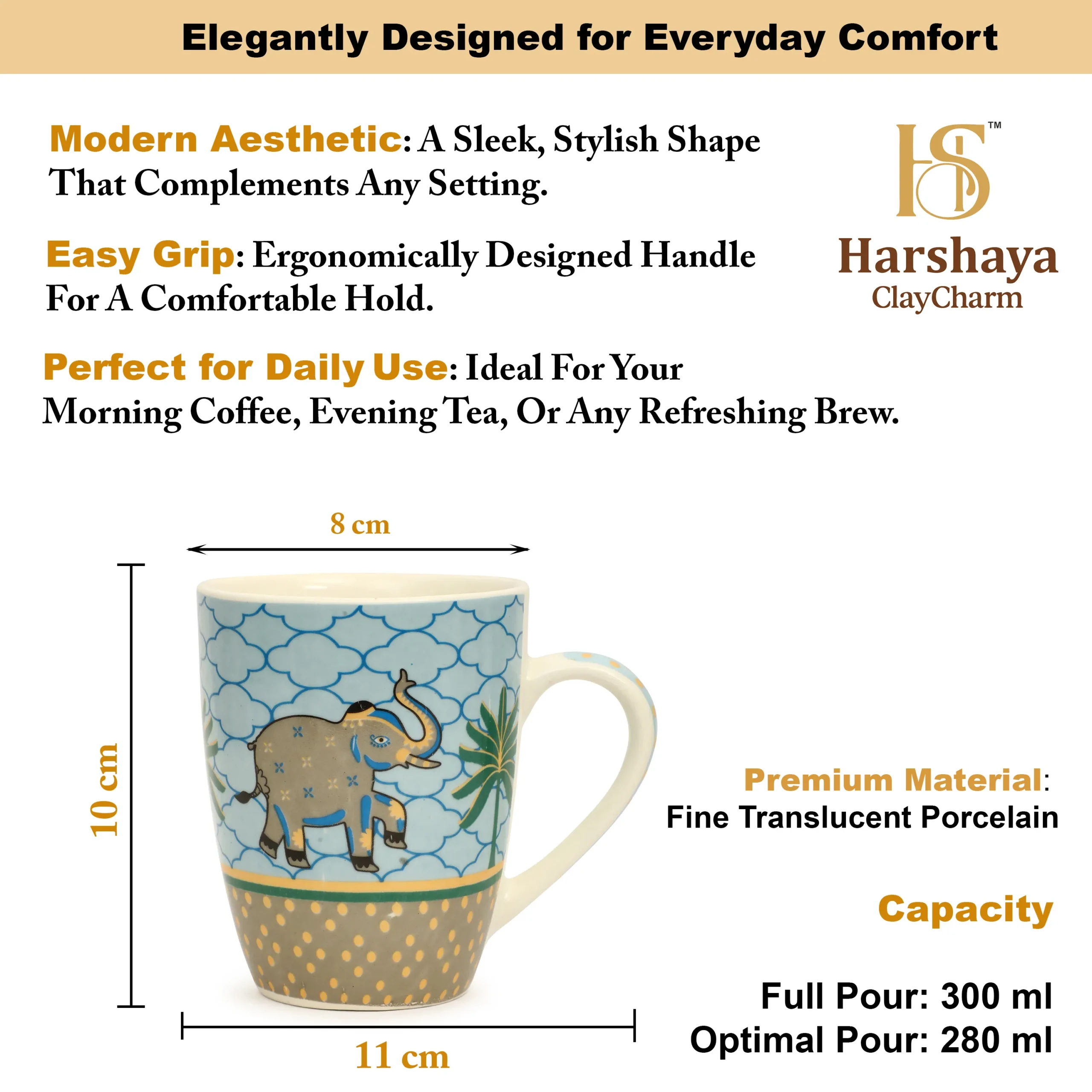 Harshaya ClayCharm “Golden Safari” Coffee Mug Set – Set of 2 (300ML) - Image 12