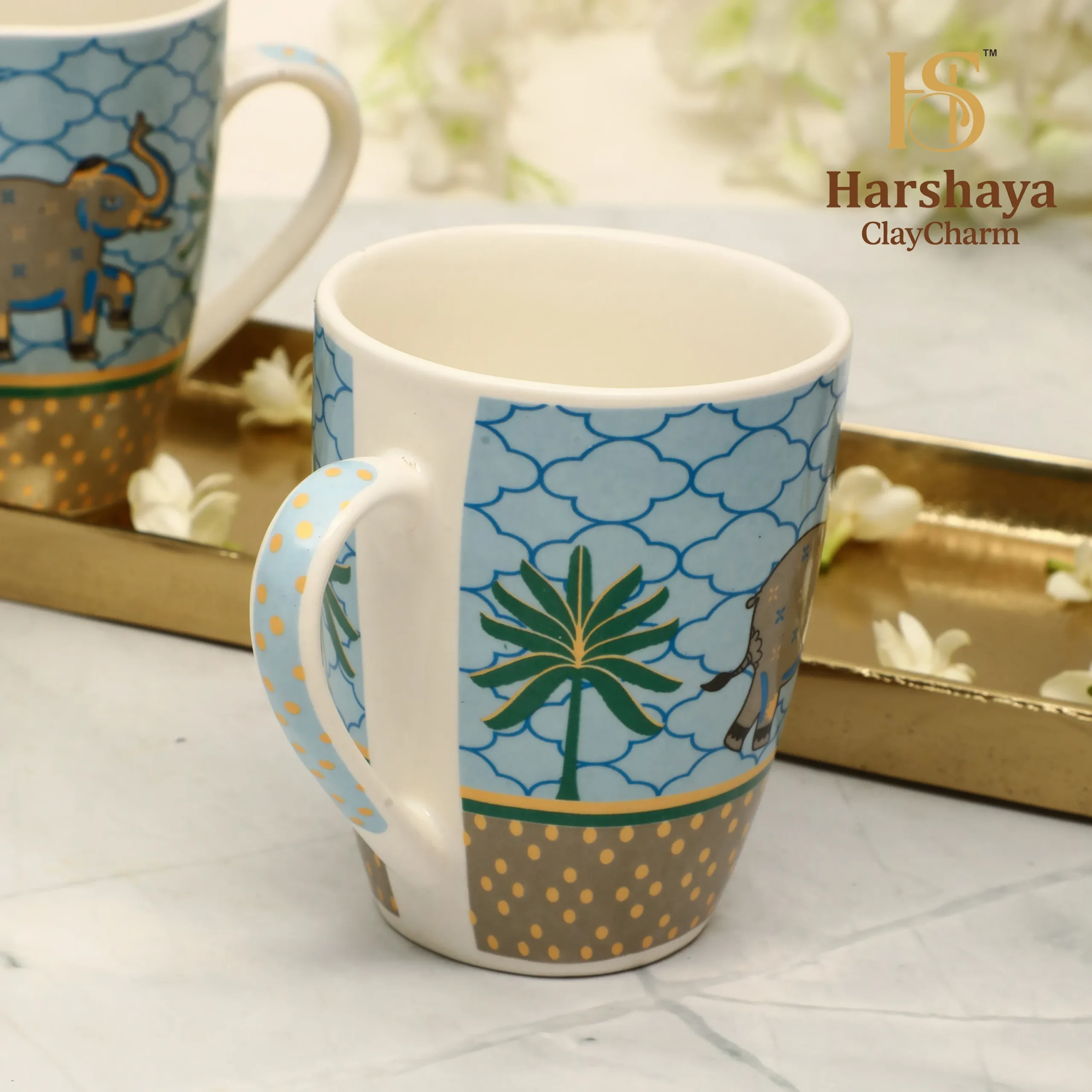 Harshaya ClayCharm “Golden Safari” Coffee Mug Set – Set of 2 (300ML) - Image 2