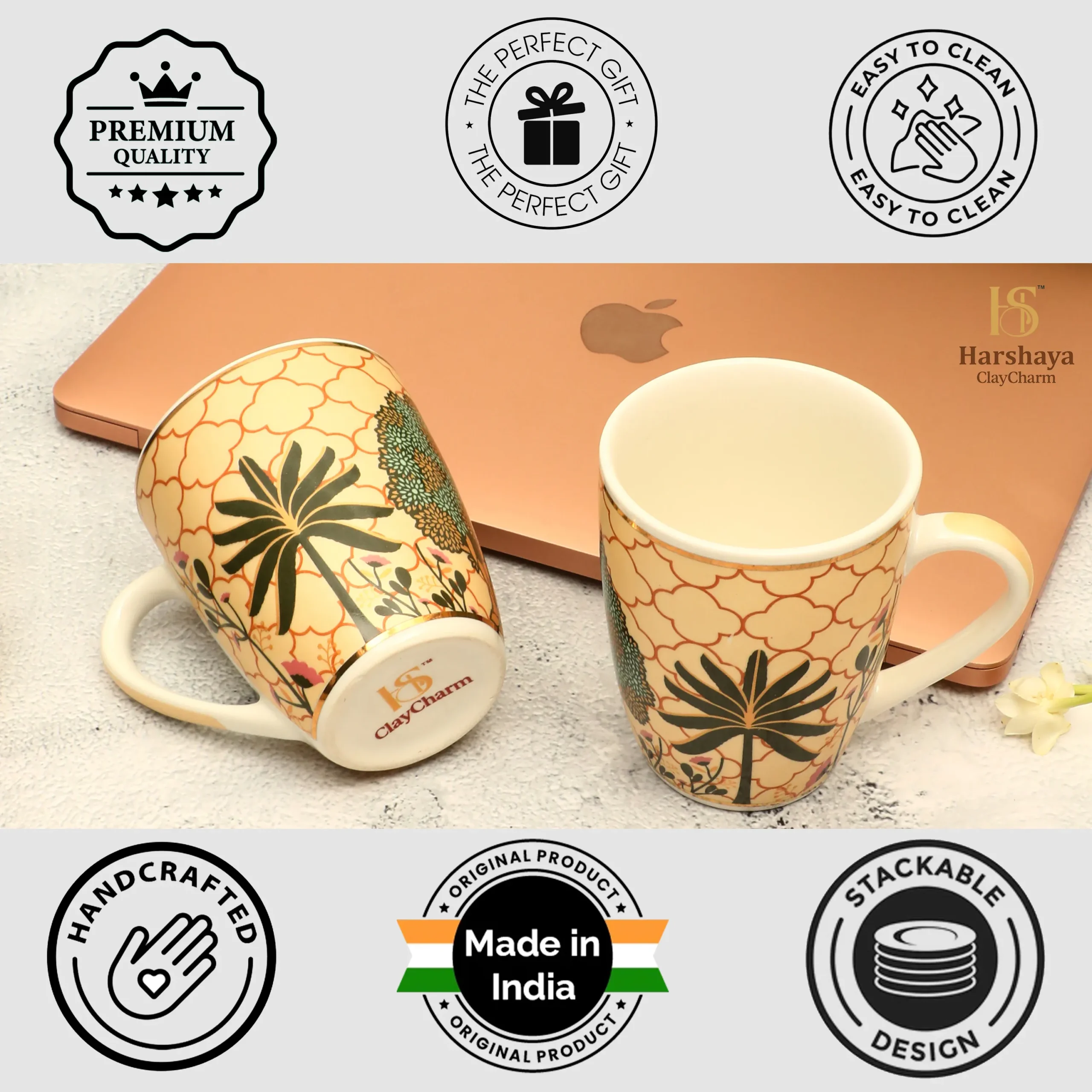 Harshaya ClayCharm “Royal Palm Luxe” Coffee Mug Set – Set of 2 (300ML) - Image 8