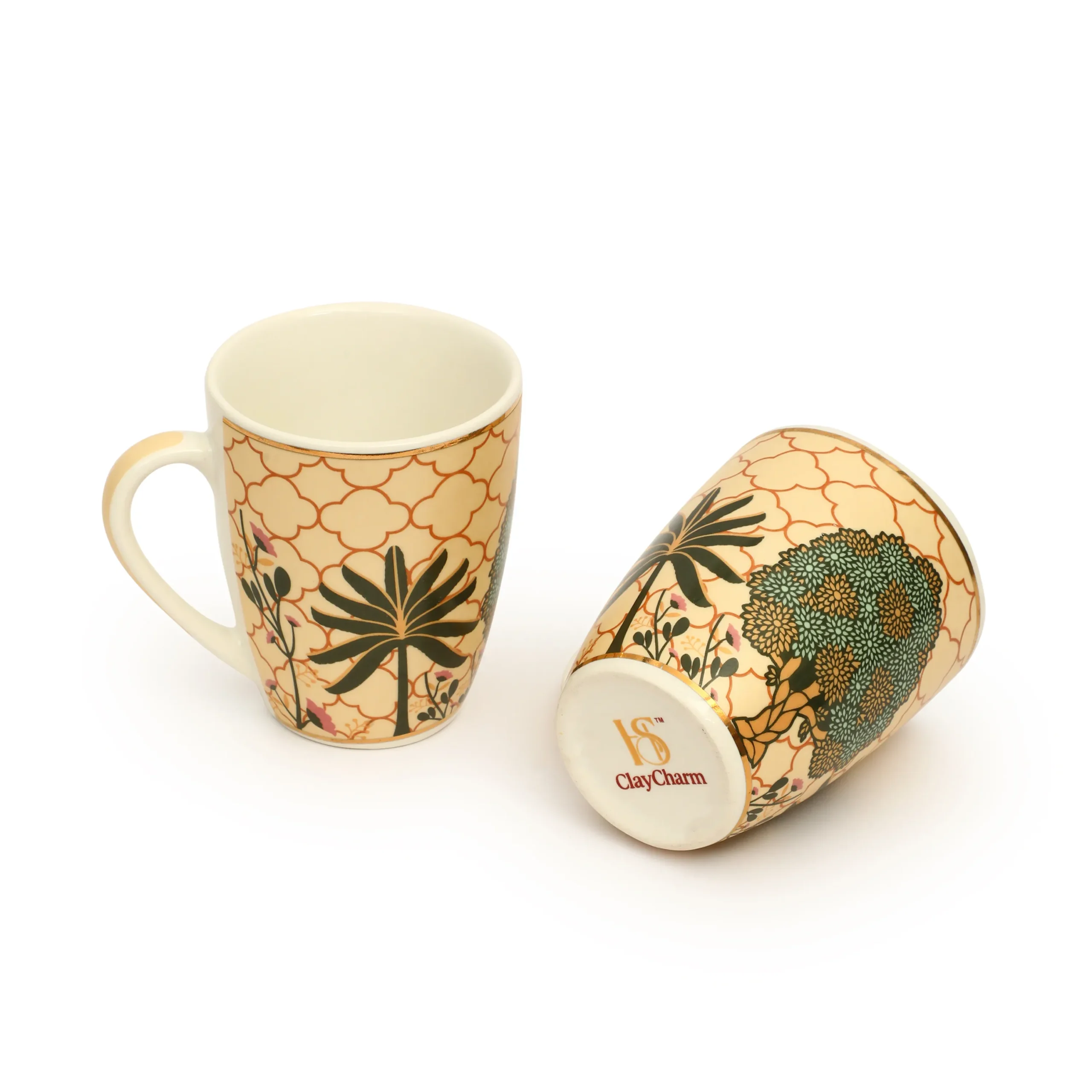 Harshaya ClayCharm “Royal Palm Luxe” Coffee Mug Set – Set of 2 (300ML)