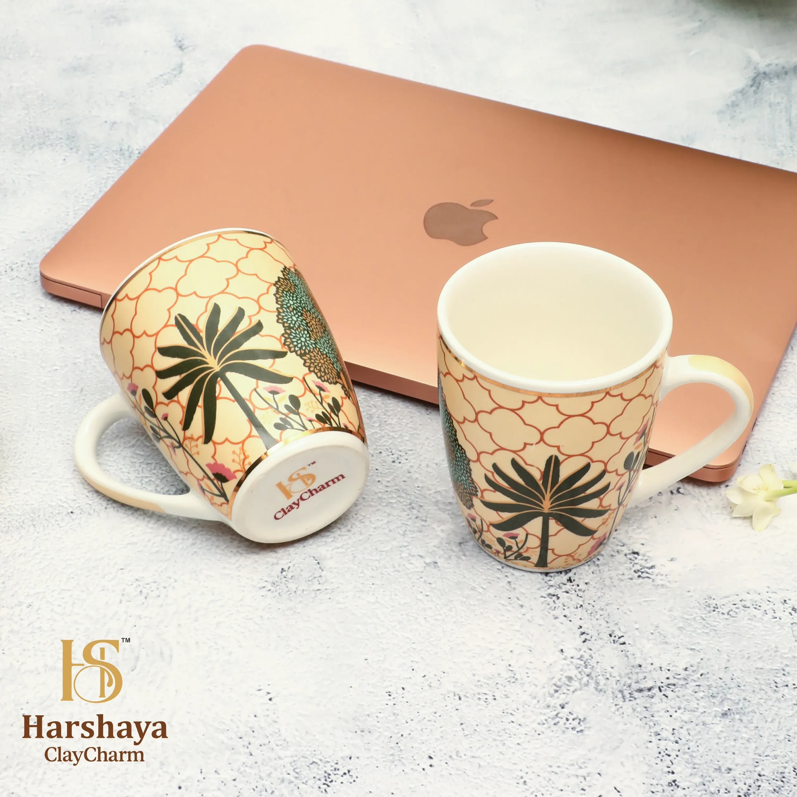 Harshaya ClayCharm “Royal Palm Luxe” Coffee Mug Set – Set of 2 (300ML) - Image 4