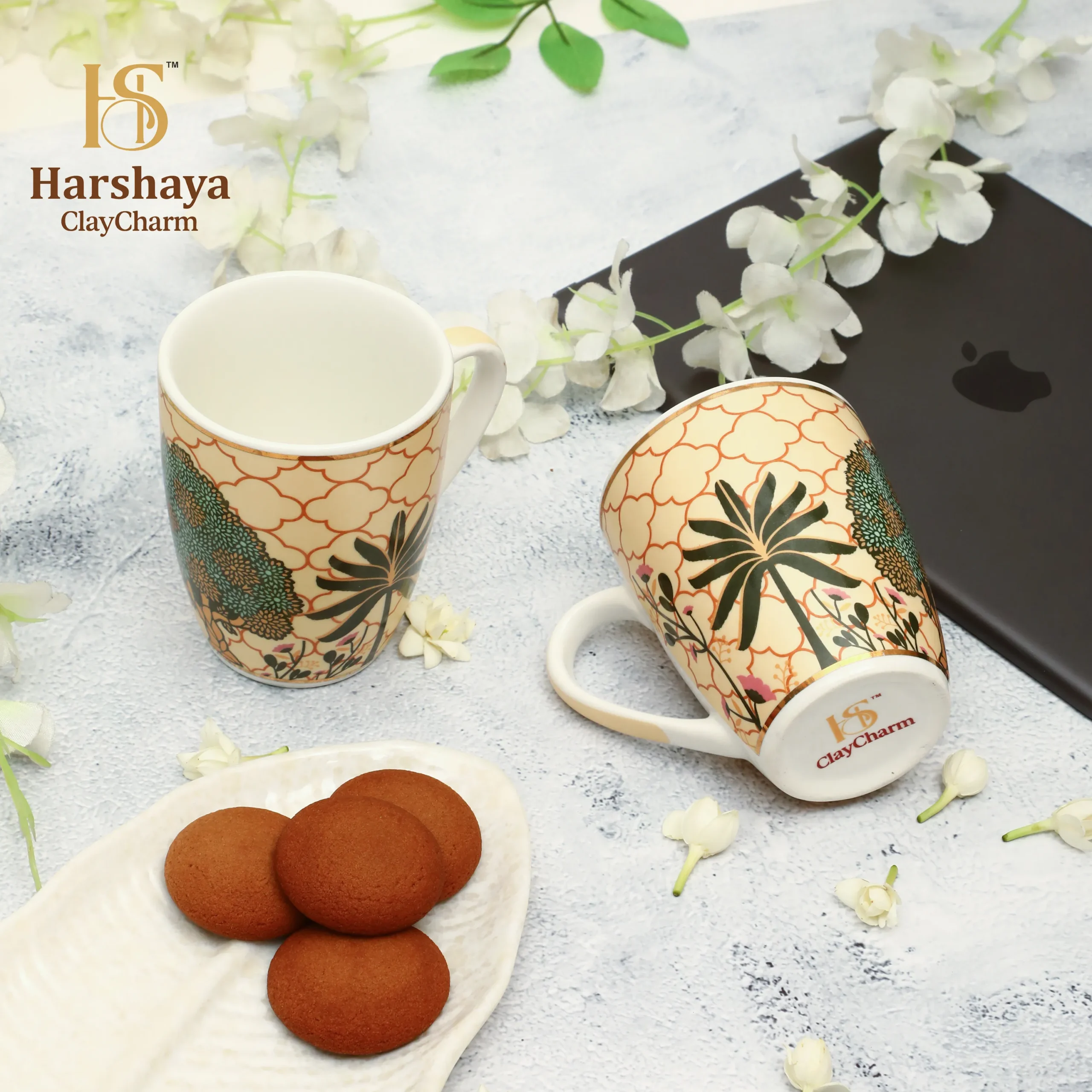 Harshaya ClayCharm “Royal Palm Luxe” Coffee Mug Set – Set of 2 (300ML) - Image 11