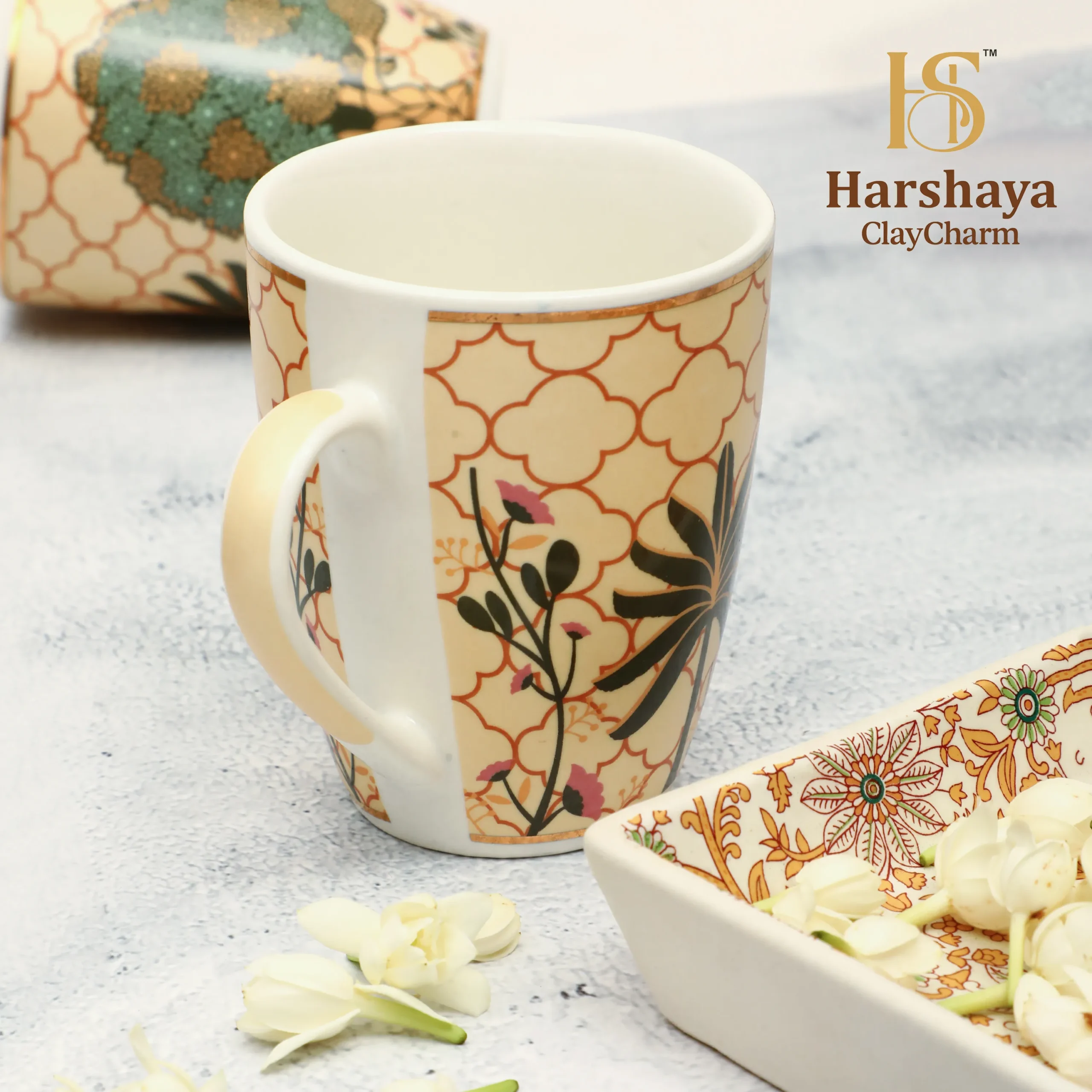 Harshaya ClayCharm “Royal Palm Luxe” Coffee Mug Set – Set of 2 (300ML) - Image 2