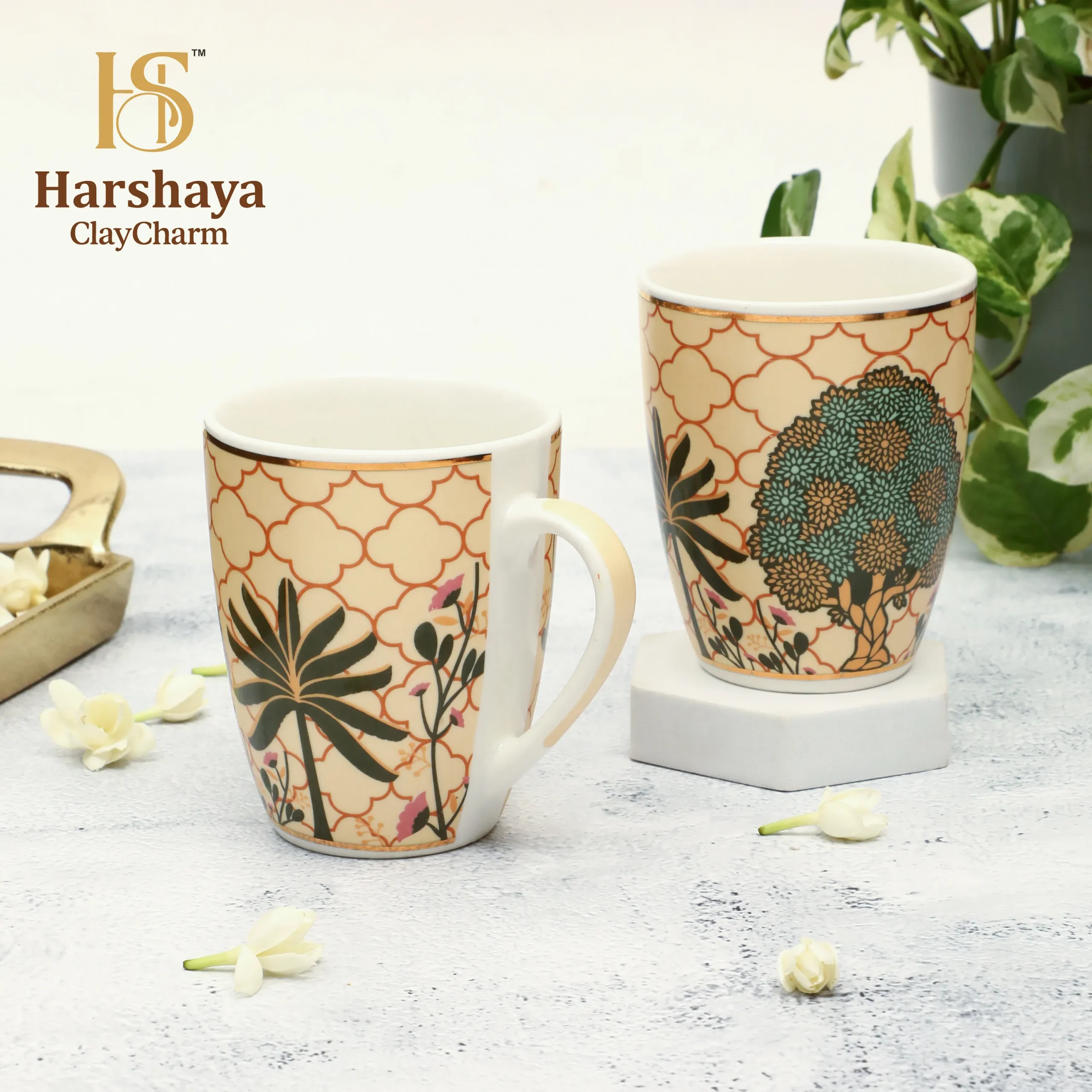 Harshaya ClayCharm “Royal Palm Luxe” Coffee Mug Set – Set of 2 (300ML) - Image 3