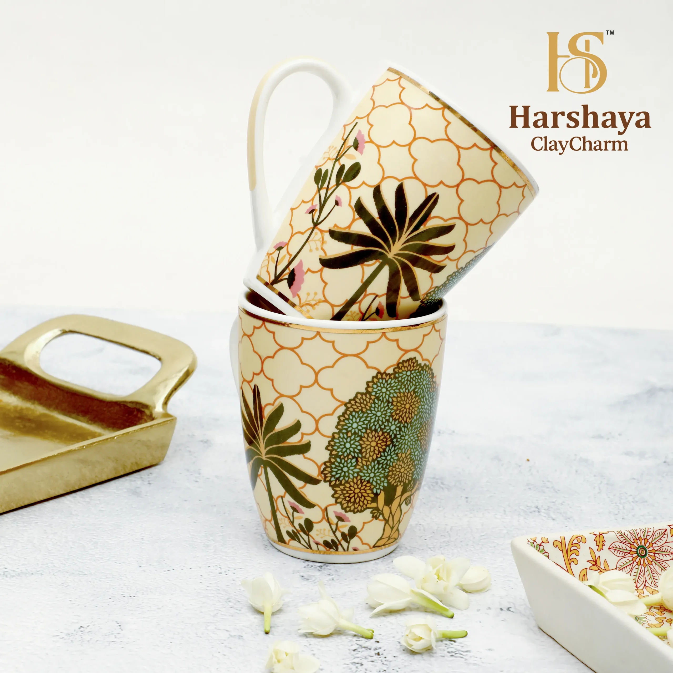 Harshaya ClayCharm “Royal Palm Luxe” Coffee Mug Set – Set of 2 (300ML) - Image 7