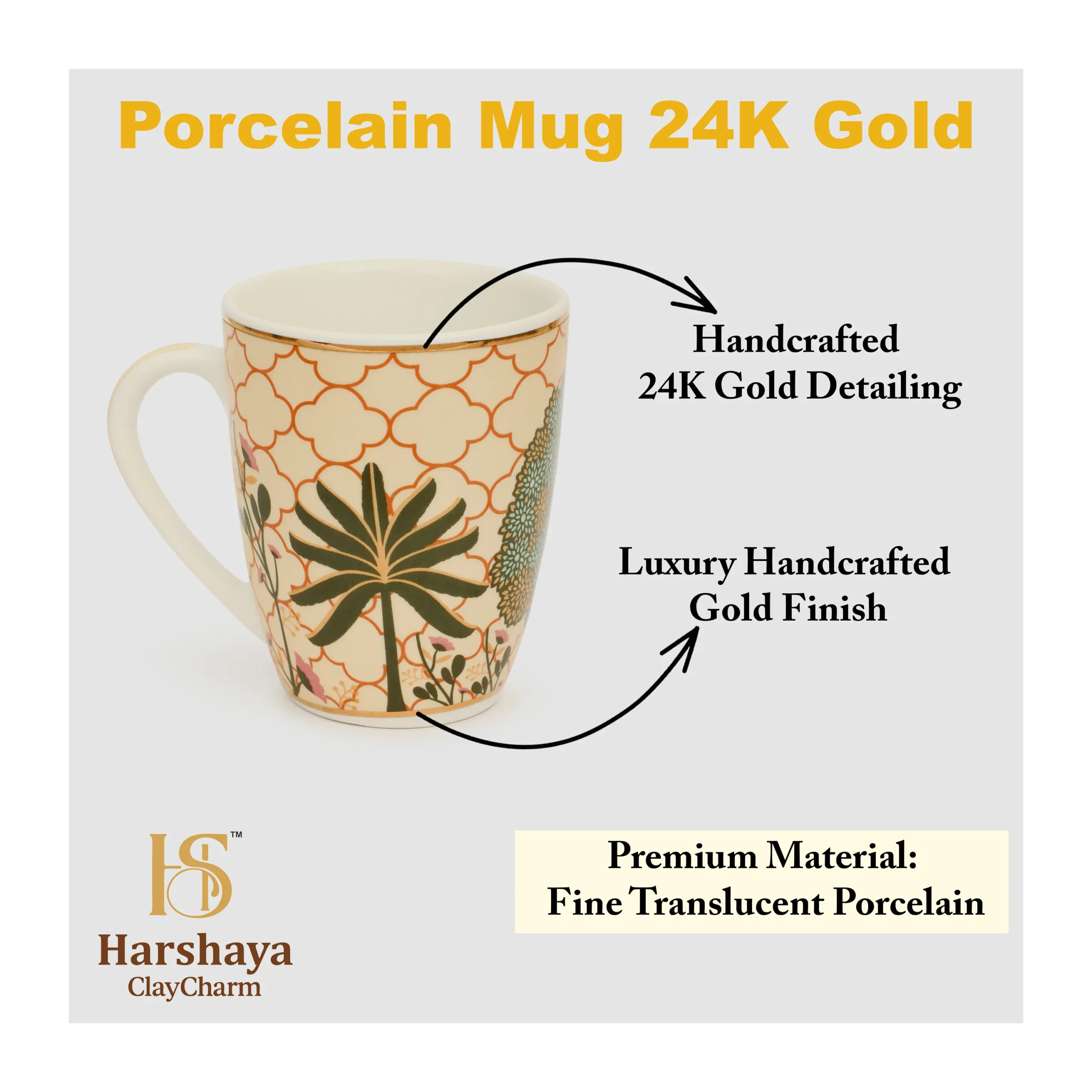 Harshaya ClayCharm “Royal Palm Luxe” Coffee Mug Set – Set of 2 (300ML) - Image 14