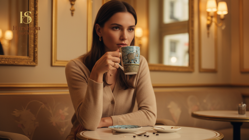 Elephant Design Coffee Mug Set India lifestyle use – blue and gold porcelain mugs