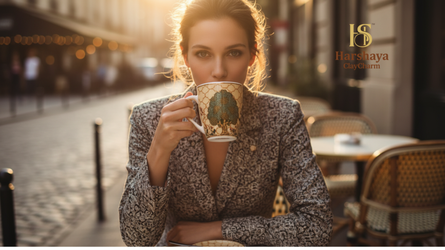 Royal Palm luxury coffee mug set India handcrafted porcelain mugs with 24K gold detailing by Harshaya ClayCharm