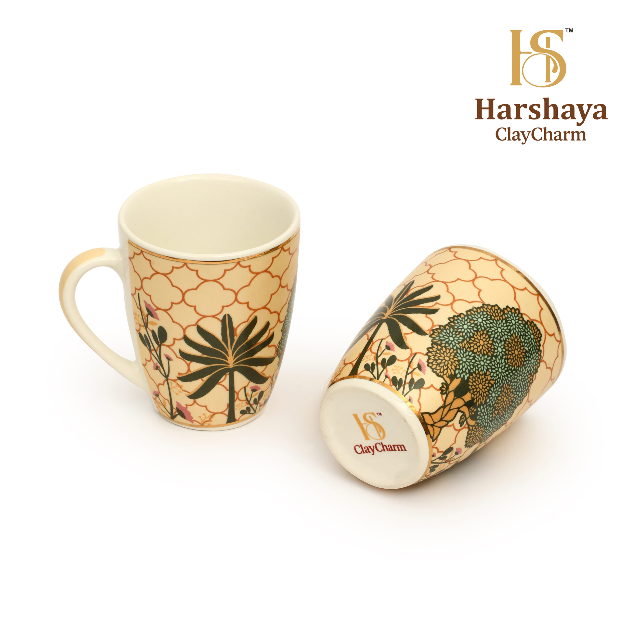 Royal Palm luxury coffee mug set India premium porcelain mugs with 24K gold detailing elegant handcrafted designer drinkware set