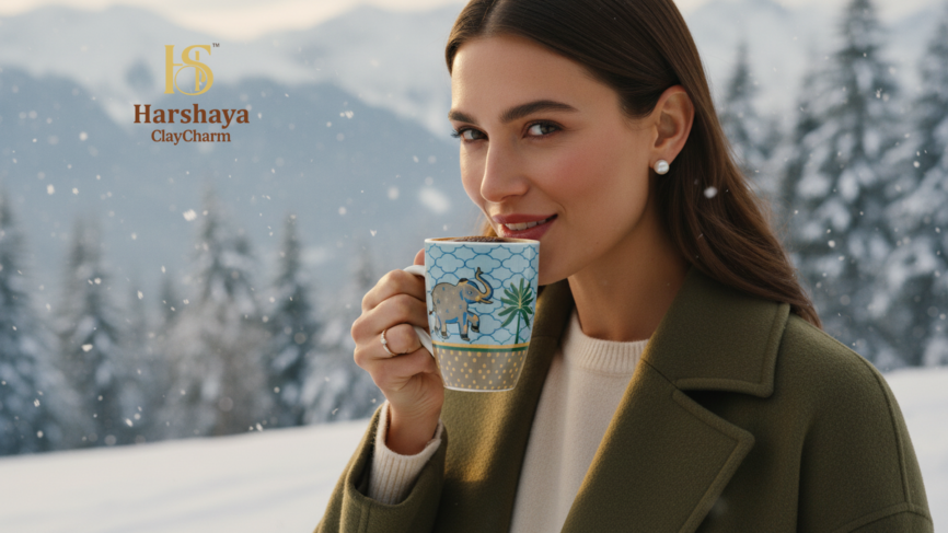 Elephant Design Coffee Mug Set India – Golden Safari Premium Porcelain Mug Set of 2